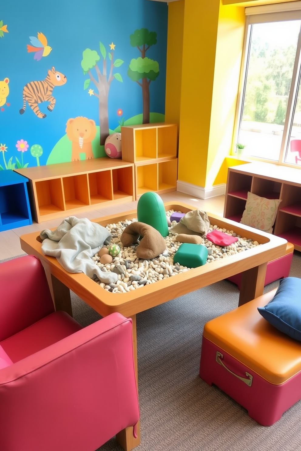 A sensory play table is set in a bright and cheerful playroom. The table features a variety of textures including soft fabrics, smooth pebbles, and squishy foam shapes. The walls are painted in vibrant colors with playful murals of animals and nature. Comfortable seating is arranged around the table, inviting children to explore and engage in creative play.