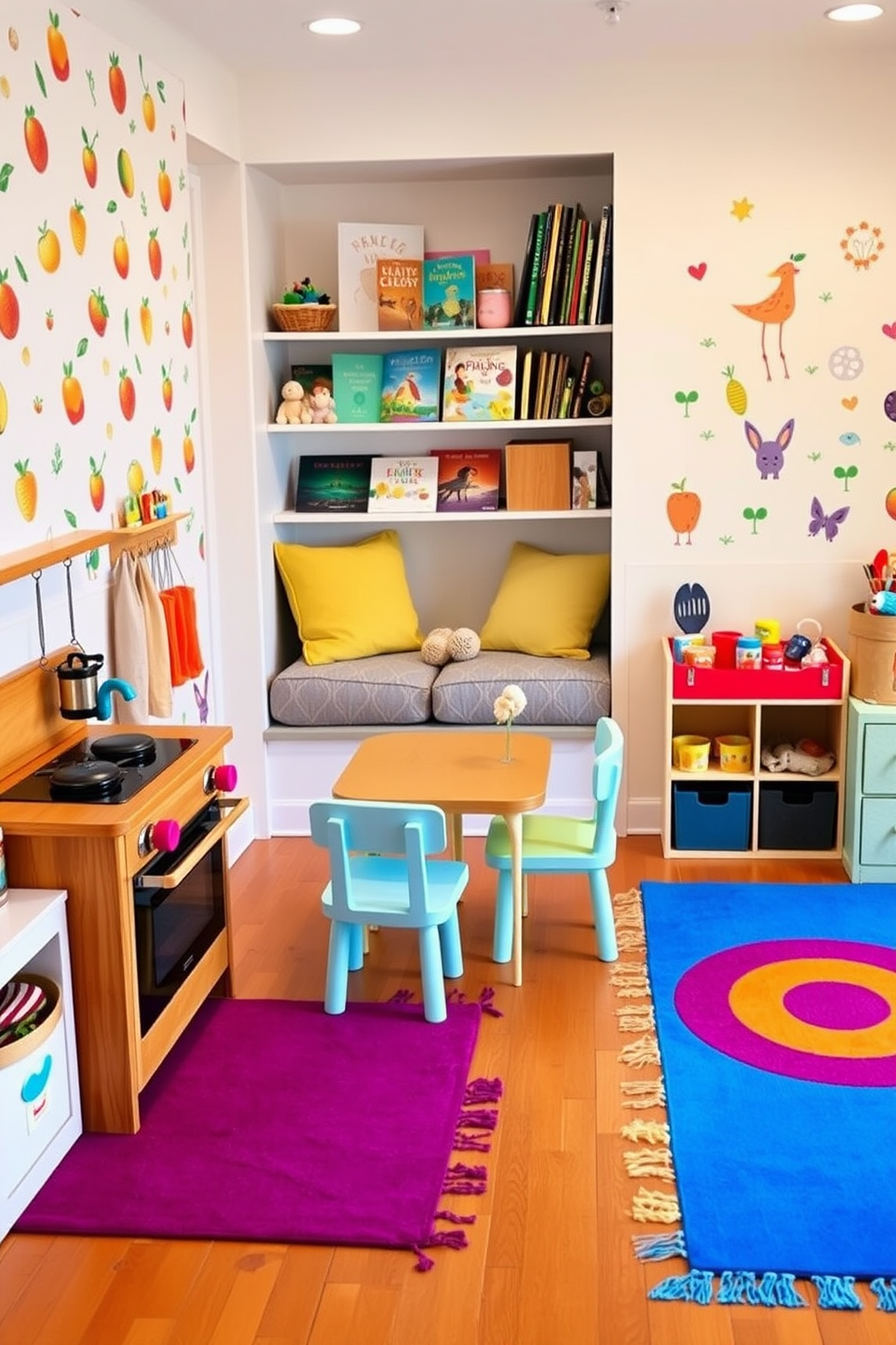 A charming miniature kitchen designed for pretend cooking. It features a small wooden stove with colorful knobs and a tiny sink with a playful faucet. The walls are adorned with cheerful wallpaper depicting fruits and vegetables. A small table with two chairs is placed in the center, surrounded by toy cooking utensils and a basket of pretend food. A vibrant playroom filled with imaginative design ideas. The space includes a cozy reading nook with oversized cushions and a bookshelf filled with colorful storybooks. Brightly colored rugs define different play areas, including a craft corner with art supplies and a toy storage unit. Wall decals of whimsical characters add a fun touch to the overall design.