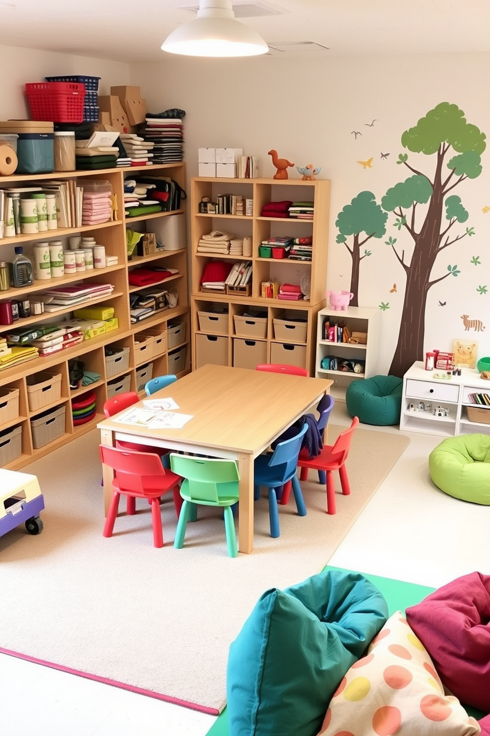 Craft corner with supplies and tables. This space features a large wooden table surrounded by colorful chairs, with shelves filled with art supplies, fabrics, and tools. Fun playroom design ideas. The room includes a soft play mat, a cozy reading nook with bean bags, and vibrant wall decals of animals and trees.