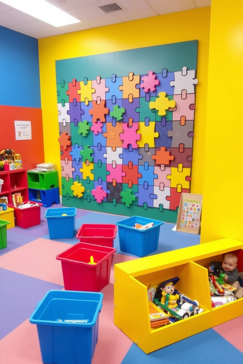 A vibrant playroom featuring a puzzle wall designed for problem-solving activities. The walls are painted in bright primary colors, and the floor is covered with soft, cushioned mats for safety. The puzzle wall includes various shapes and sizes of interlocking pieces that encourage creativity and teamwork. Colorful storage bins are scattered throughout the room, filled with toys and games to inspire imaginative play.