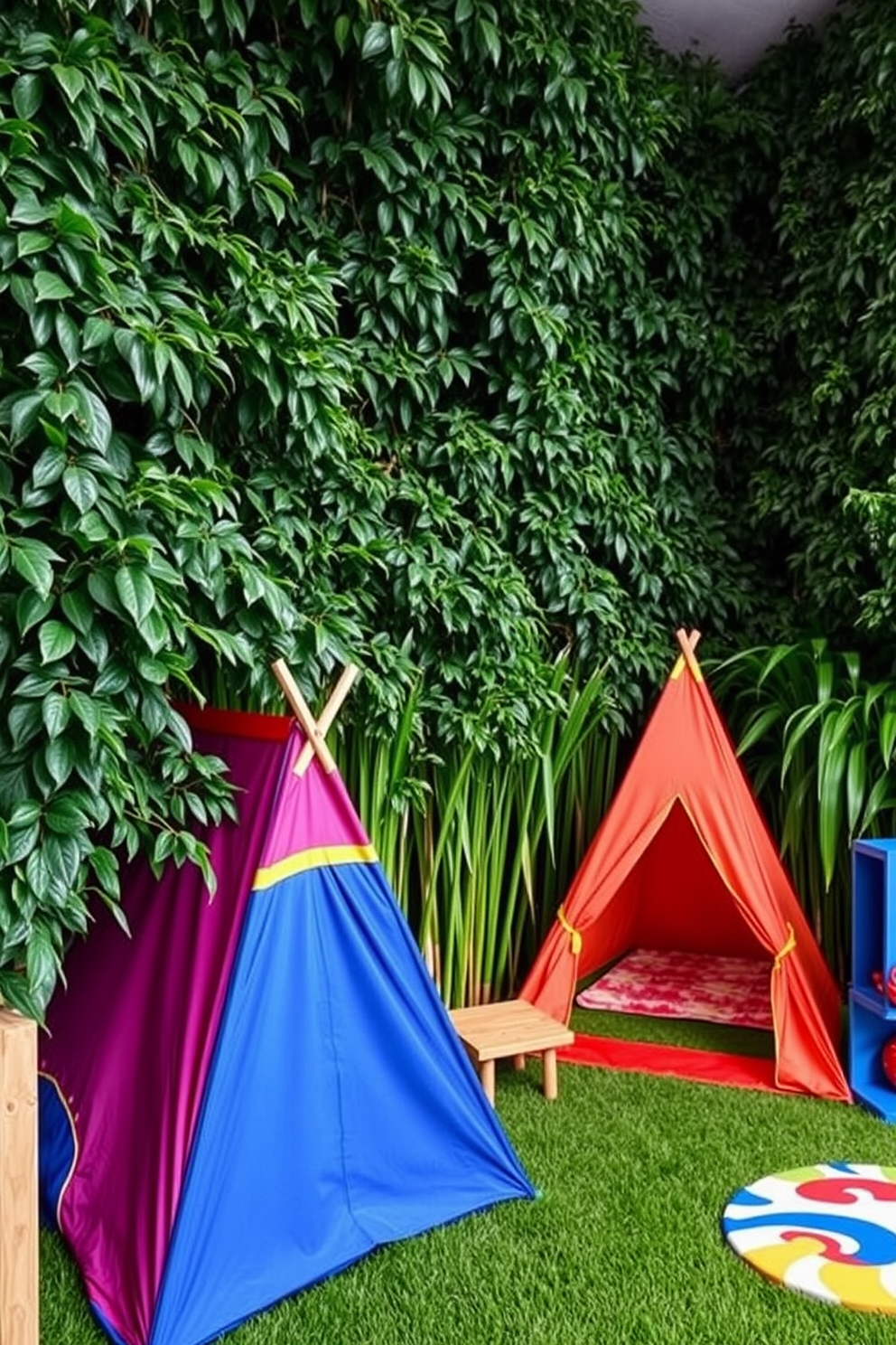 Create an outdoor-themed play area featuring colorful tents nestled among lush greenery. Incorporate playful elements like a wooden climbing structure and soft grass underfoot for a safe and inviting space. Design a fun playroom that sparks creativity and imagination. Include vibrant wall colors, interactive play zones, and cozy reading nooks to encourage exploration and learning.