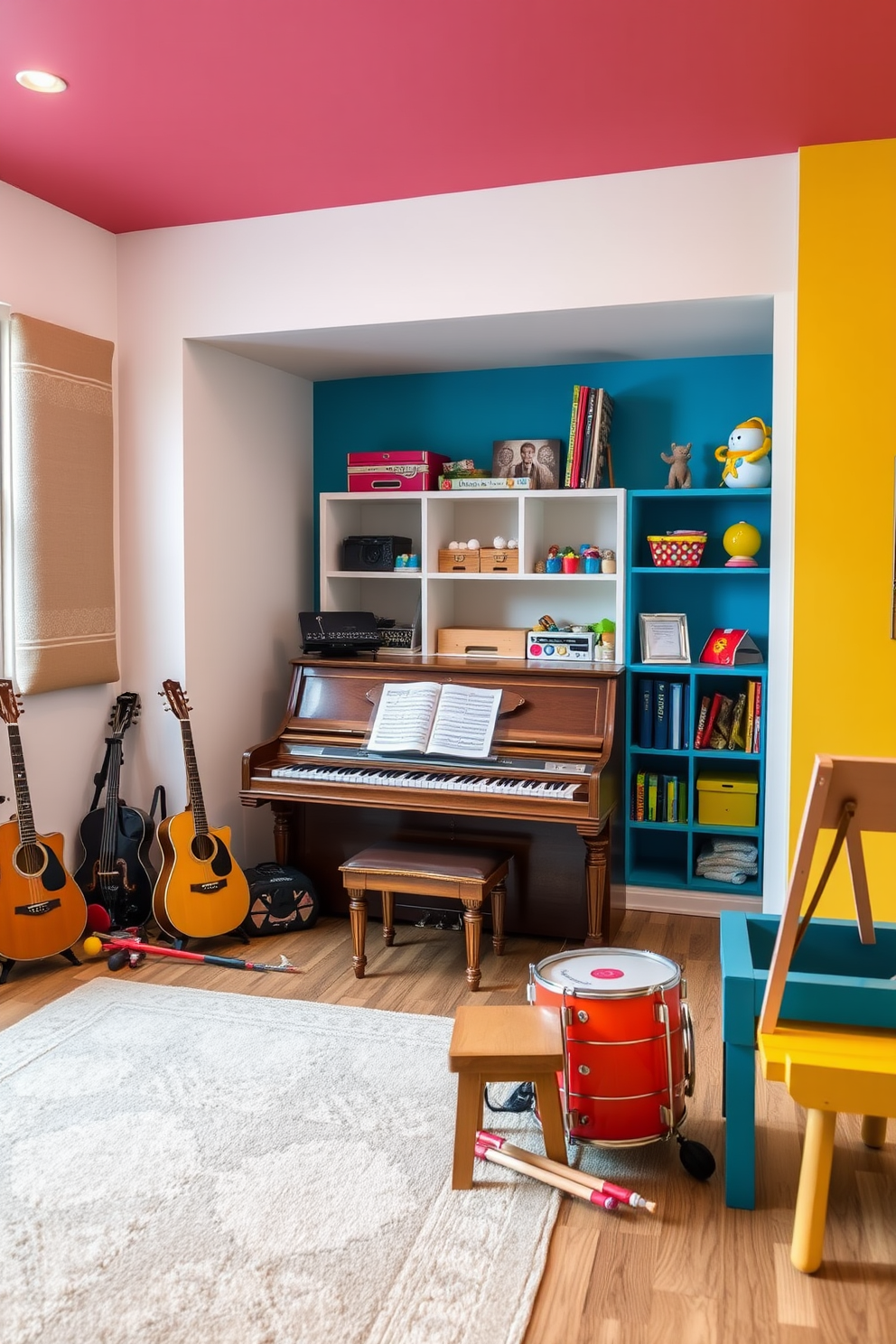 A cozy music corner featuring a vintage wooden piano with sheet music resting on the stand. Surrounding the piano are various instruments including a guitar, a violin, and a set of colorful drums, all set against a backdrop of soft acoustic panels. A vibrant playroom designed for fun and creativity with bright colored walls and playful furniture. The space includes a large rug for play, shelves filled with toys, and a small art station with easels and supplies for artistic expression.