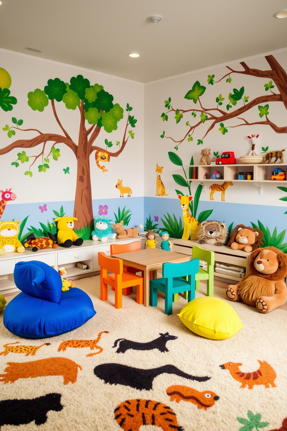 A vibrant playroom filled with animal-themed decor creates a joyful and playful atmosphere. Colorful wall murals of jungle animals adorn the walls, while plush toys and cushions in the shapes of various animals are scattered throughout the room. The furniture includes a low table surrounded by chairs shaped like different animals, encouraging creativity and play. A soft, patterned rug featuring animal prints covers the floor, providing a cozy space for children to sit and engage in imaginative play.