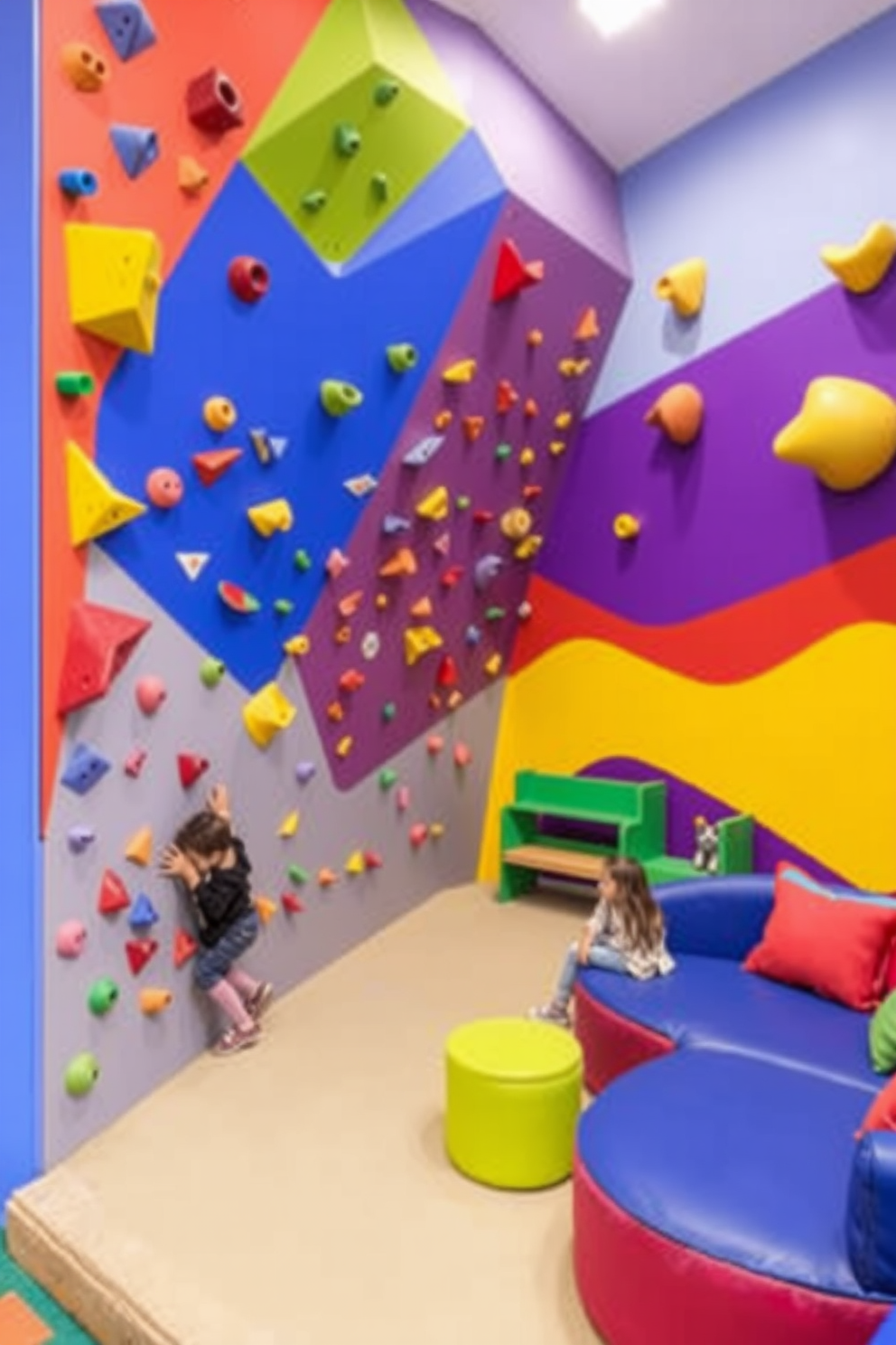 Indoor climbing wall for active fun. The wall features various colorful holds and grips, designed for different skill levels, with a soft padded floor beneath for safety. Fun Playroom Design Ideas. The space includes vibrant wall colors, a mix of interactive toys, and cozy seating areas for children to play and relax.