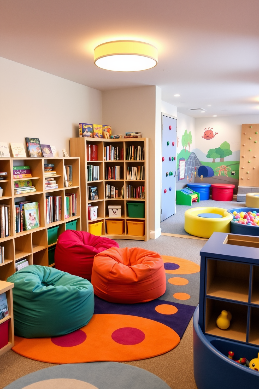 A cozy storytime corner featuring plush bean bag chairs in vibrant colors surrounded by a bookshelf filled with children's books. Soft, warm lighting creates an inviting atmosphere, while a whimsical rug adds a playful touch to the space. A fun playroom designed with interactive play zones including a climbing wall and a colorful ball pit. The walls are adorned with cheerful murals, and various storage bins keep toys organized and easily accessible.