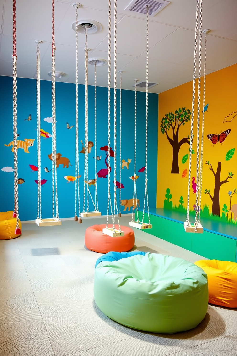 A vibrant playroom filled with outdoor-inspired elements. The floor is covered in lush faux grass, creating a playful and inviting atmosphere. Brightly colored bean bags and cushions are scattered around for comfortable seating. Wall decals of trees and animals add a whimsical touch to the space.