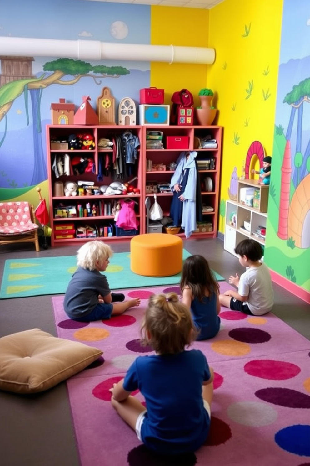 A vibrant sensory play area filled with various textures and colors invites children to explore and engage their senses. Soft foam mats in bright hues cover the floor while colorful wall decals of animals and shapes create a playful atmosphere. Interactive stations feature sensory bins filled with different materials like sand, water beads, and textured fabrics. A cozy reading nook with plush cushions and a small bookshelf encourages quiet time amidst the lively play environment.