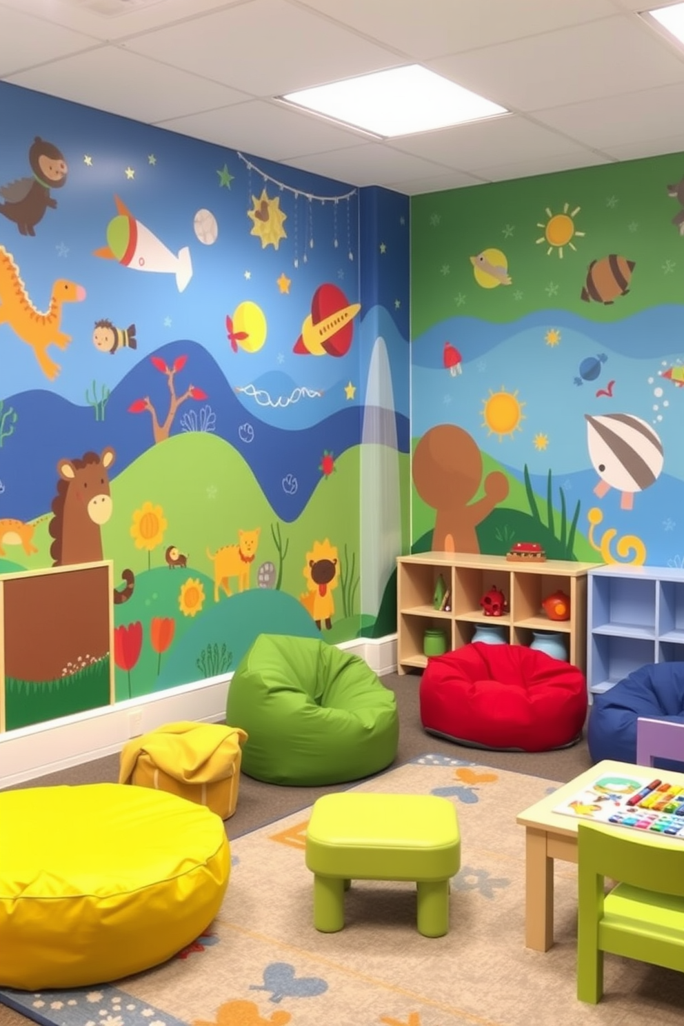 A vibrant playroom filled with colorful interactive maps covering the walls. Various learning zones are created with playful furniture, including bean bags and low tables for group activities. The space features a large world map mural that encourages exploration and discovery. Brightly colored storage bins are strategically placed to keep toys organized and easily accessible.