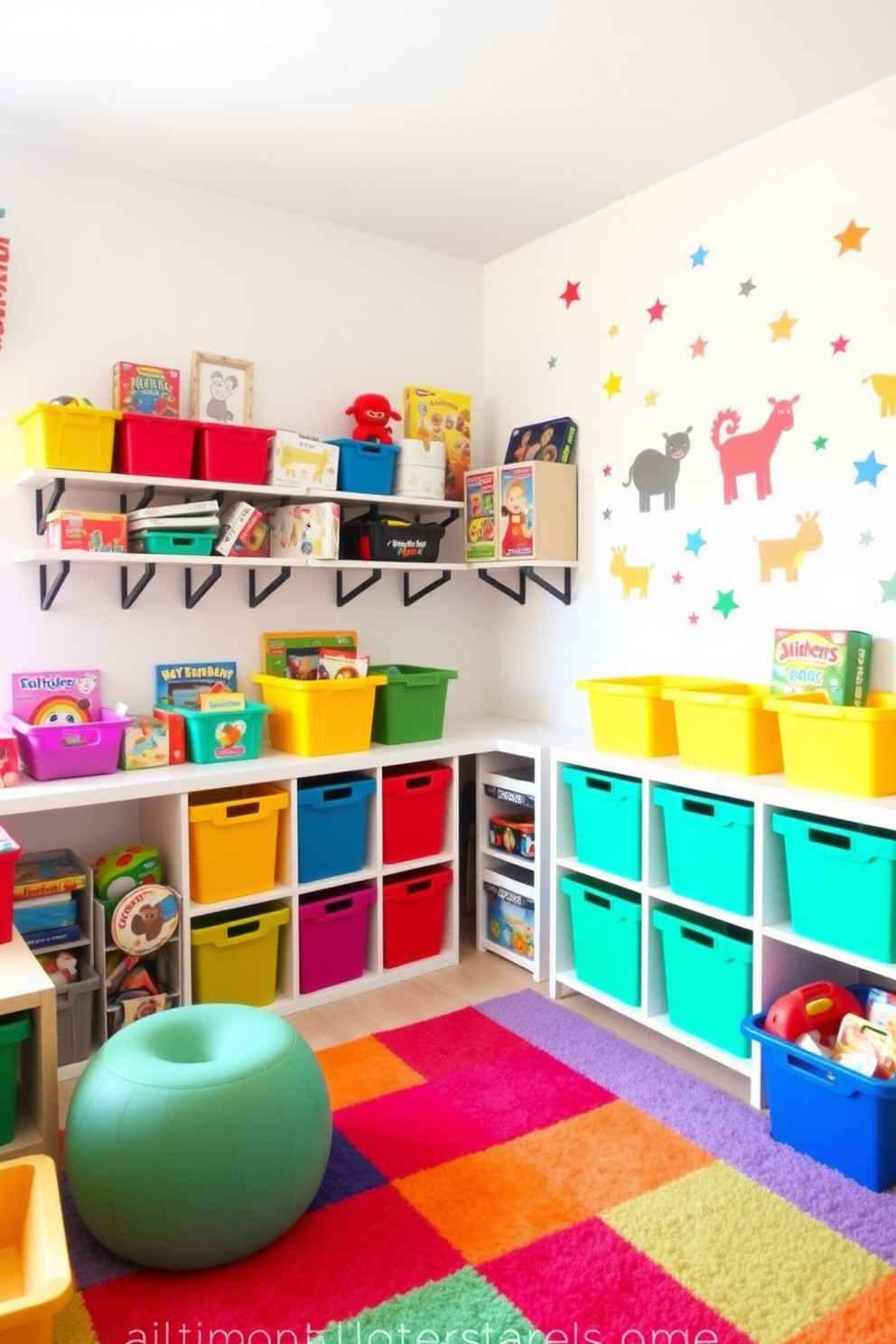 A vibrant playroom filled with creative storage solutions for toys and games. Colorful bins and shelves are neatly organized along the walls, making it easy for children to access their favorite toys. The room features a soft, plush rug in bright colors that adds comfort and warmth. Wall decals of playful animals and shapes enhance the fun atmosphere, creating an inviting space for play and imagination.