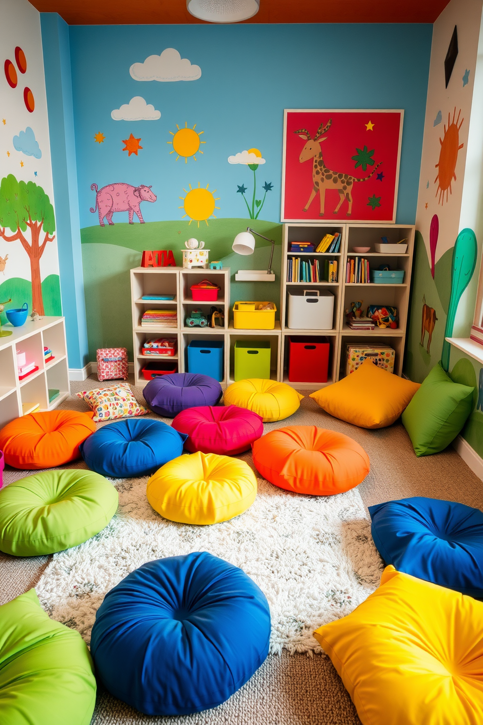 A vibrant playroom featuring colorful floor cushions scattered throughout the space. The cushions come in various shapes and sizes, providing flexible seating options for kids to relax and play. The walls are adorned with playful murals and bright artwork that stimulate creativity. A soft area rug anchors the seating area, while shelves filled with toys and books add to the fun atmosphere.