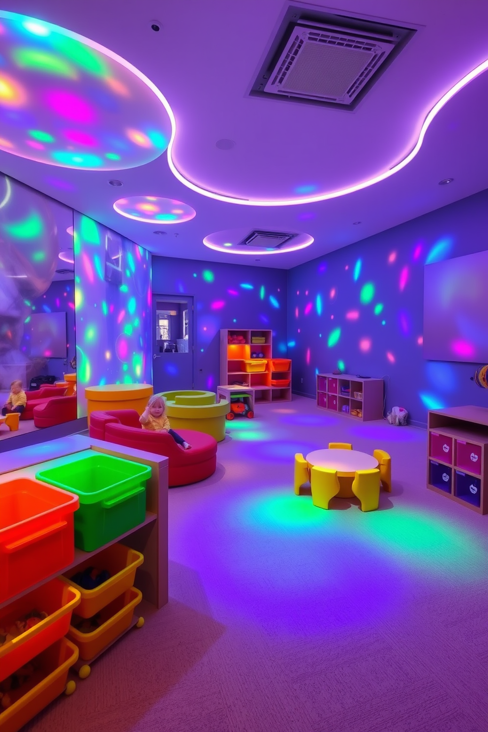 A vibrant playroom filled with interactive light features that engage children's senses. Colorful LED lights are integrated into the walls, creating a dynamic atmosphere that changes with movement. The room includes various play zones with soft flooring and playful furniture. Brightly colored storage bins are organized neatly, encouraging creativity and exploration.