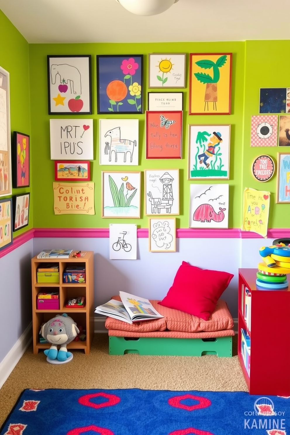 A vibrant playroom filled with colorful wall art showcasing children's artwork. The walls are painted in bright, cheerful colors, and a cozy reading nook with plush cushions is tucked into one corner.