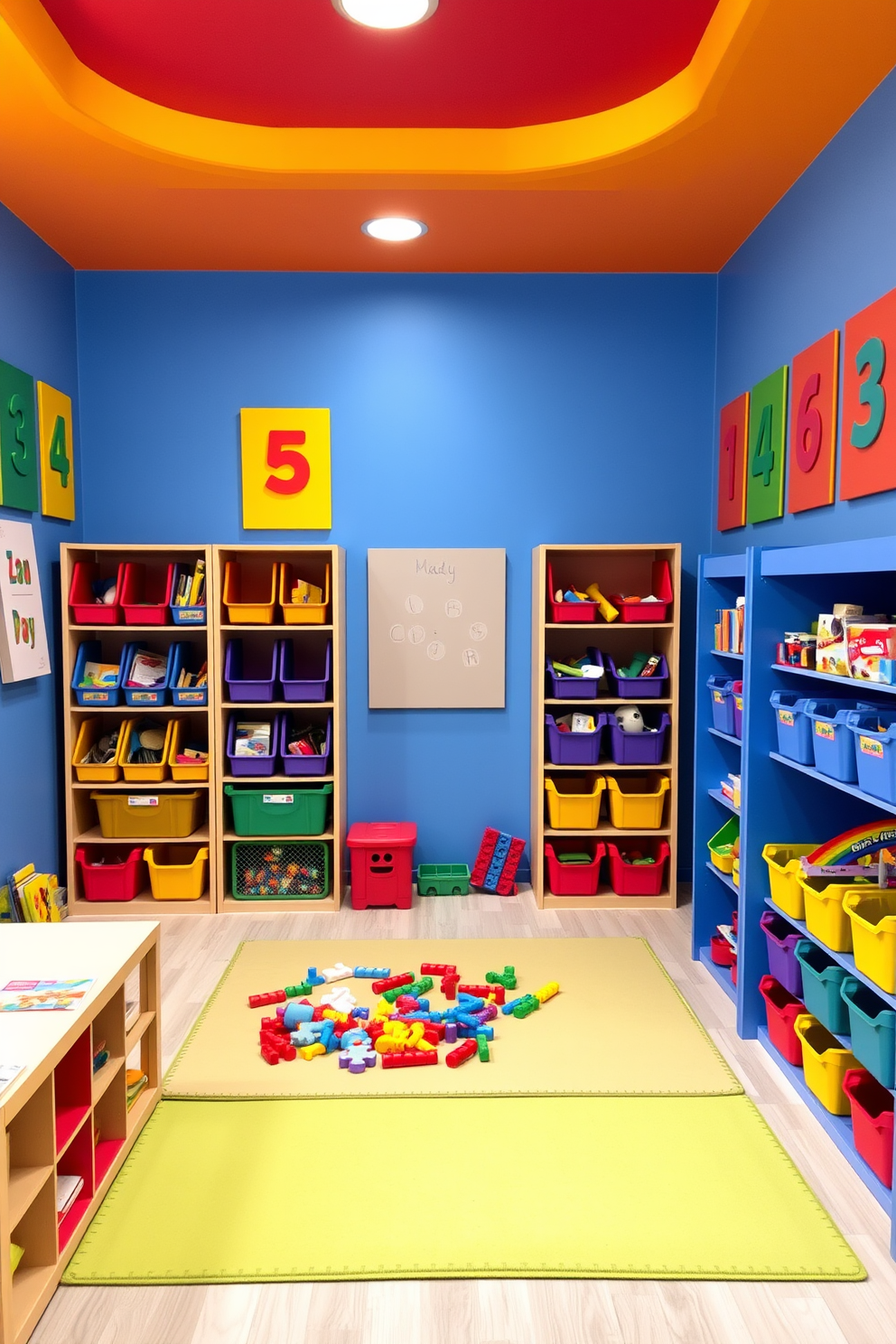 A vibrant playroom filled with educational games designed for children. The walls are painted in bright primary colors with interactive wall panels featuring letters and numbers. In the center, a soft play mat provides a comfortable area for kids to engage in various activities. Shelving units display colorful bins filled with puzzles, building blocks, and art supplies.