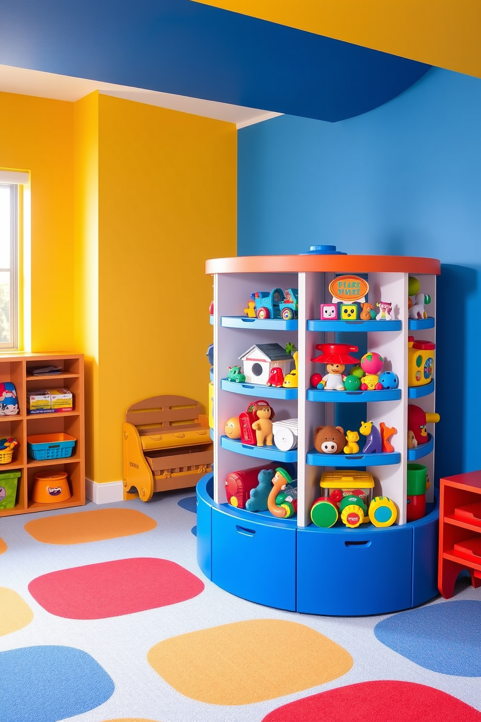 A vibrant playroom featuring a rotating toy display that allows for easy access to toys. The walls are painted in bright primary colors, and soft, cushioned flooring provides a safe area for play.