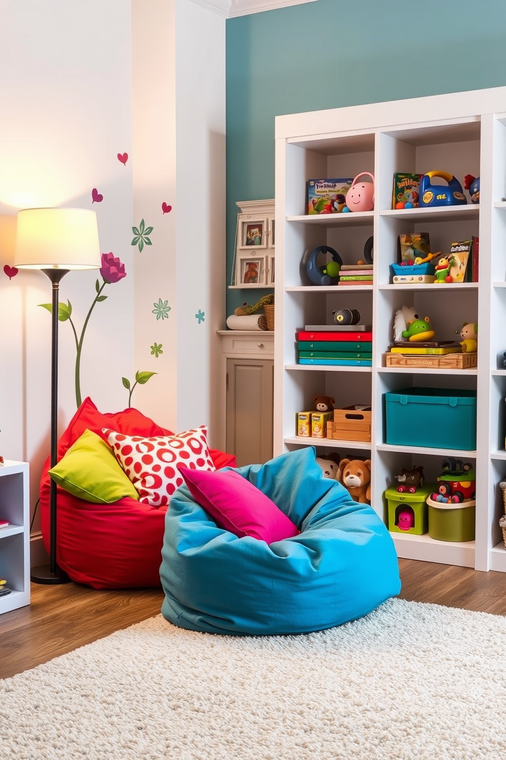 Cozy reading nook with bean bags. The nook features soft lighting from a nearby floor lamp and shelves filled with colorful books. Fun playroom design ideas. The space includes vibrant wall colors, a variety of toys, and a comfortable area for kids to sit and play.