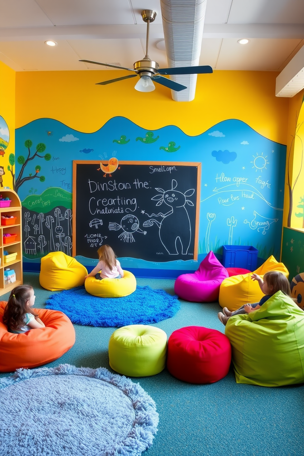 A vibrant playroom filled with bright colors that stimulate creativity. The walls are painted in cheerful shades of yellow and blue, with playful murals depicting whimsical scenes. Colorful bean bags and plush rugs create a cozy seating area. A large chalkboard wall invites children to express their artistic ideas freely.