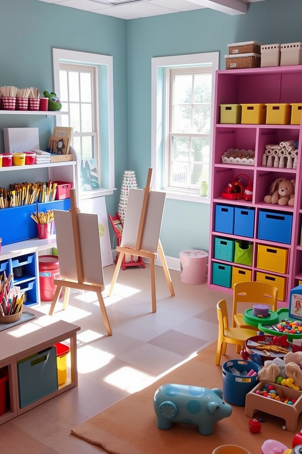 A vibrant LEGO building station is designed with a sturdy table in the center surrounded by colorful storage bins filled with various LEGO pieces. The walls are adorned with playful artwork and bright decals, creating an inviting atmosphere for creativity and play. The playroom features a soft area rug for comfortable seating and a cozy reading nook with shelves stocked with books. A chalkboard wall encourages artistic expression while a small table with craft supplies invites hands-on activities.