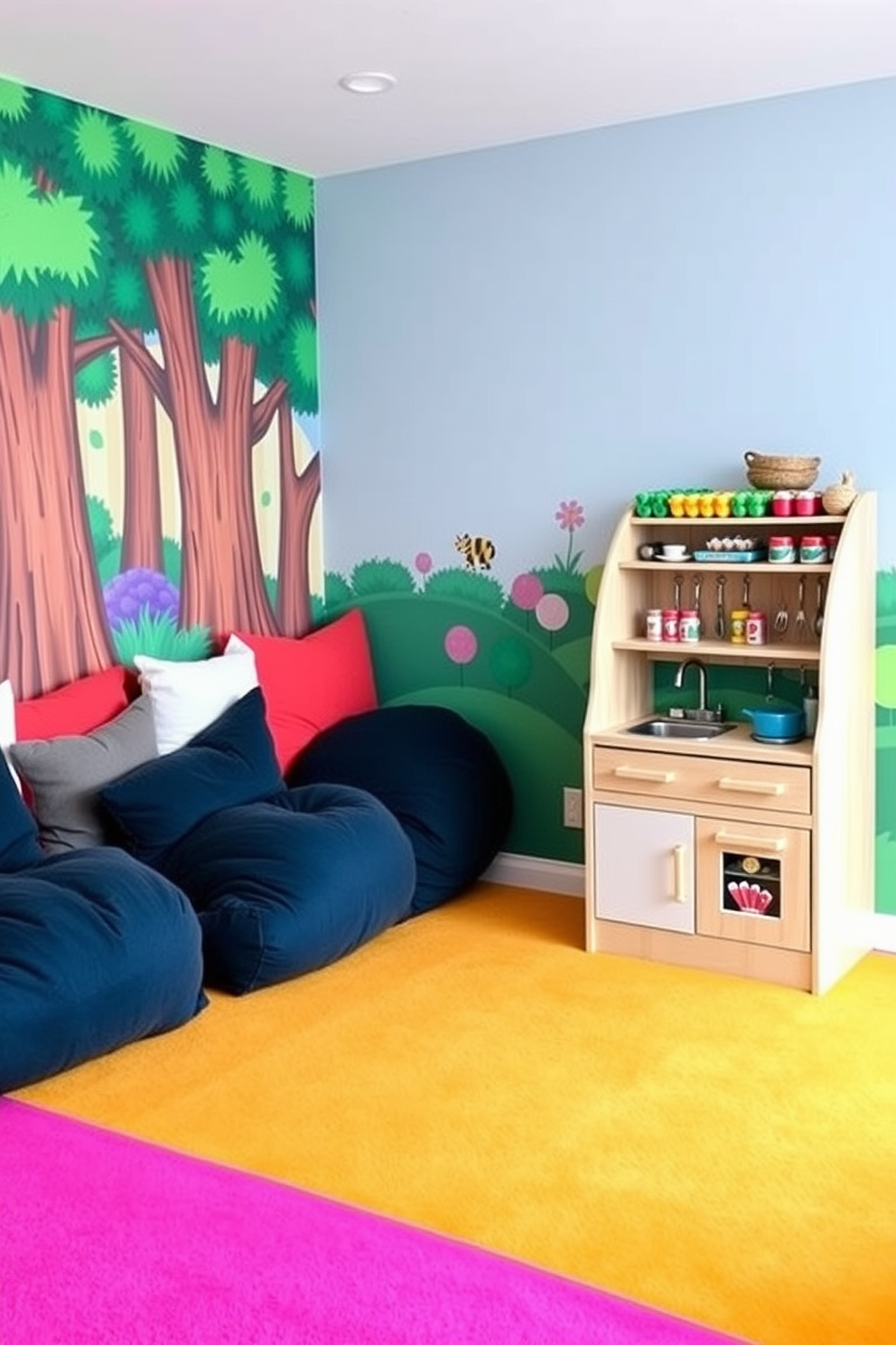 A vibrant playroom designed for imaginative adventures. It features a colorful mural on one wall depicting a whimsical forest, with plush seating areas filled with oversized cushions and bean bags. In one corner, a wooden play kitchen is set up, complete with miniature utensils and food items. The flooring is a soft, durable carpet in bright hues, providing a cozy space for children to explore and create.