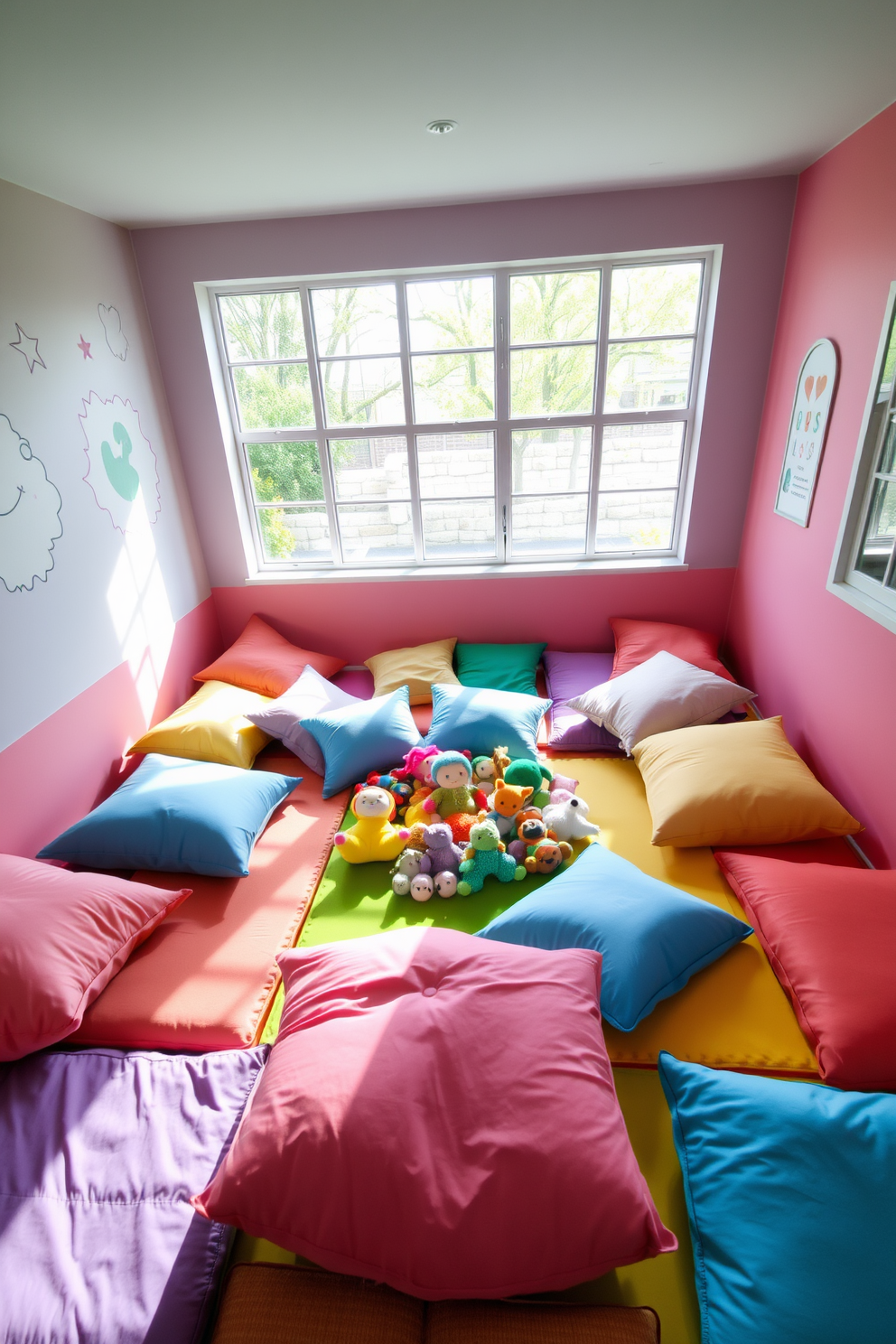 A soft play area filled with colorful cushions and plush mats creates a cozy environment for children to explore and play. The walls are painted in cheerful pastel colors, and playful wall decals add a whimsical touch to the space. In the center, a large, soft rug provides a safe area for play, surrounded by various toys and interactive elements. A small reading nook with bean bags and a bookshelf encourages quiet time and imaginative adventures.