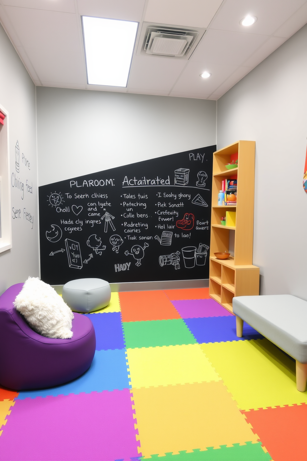 A vibrant playroom featuring an interactive chalkboard wall that encourages creativity and play. The floor is covered with colorful foam tiles, and plush seating options are scattered throughout for comfort and relaxation.