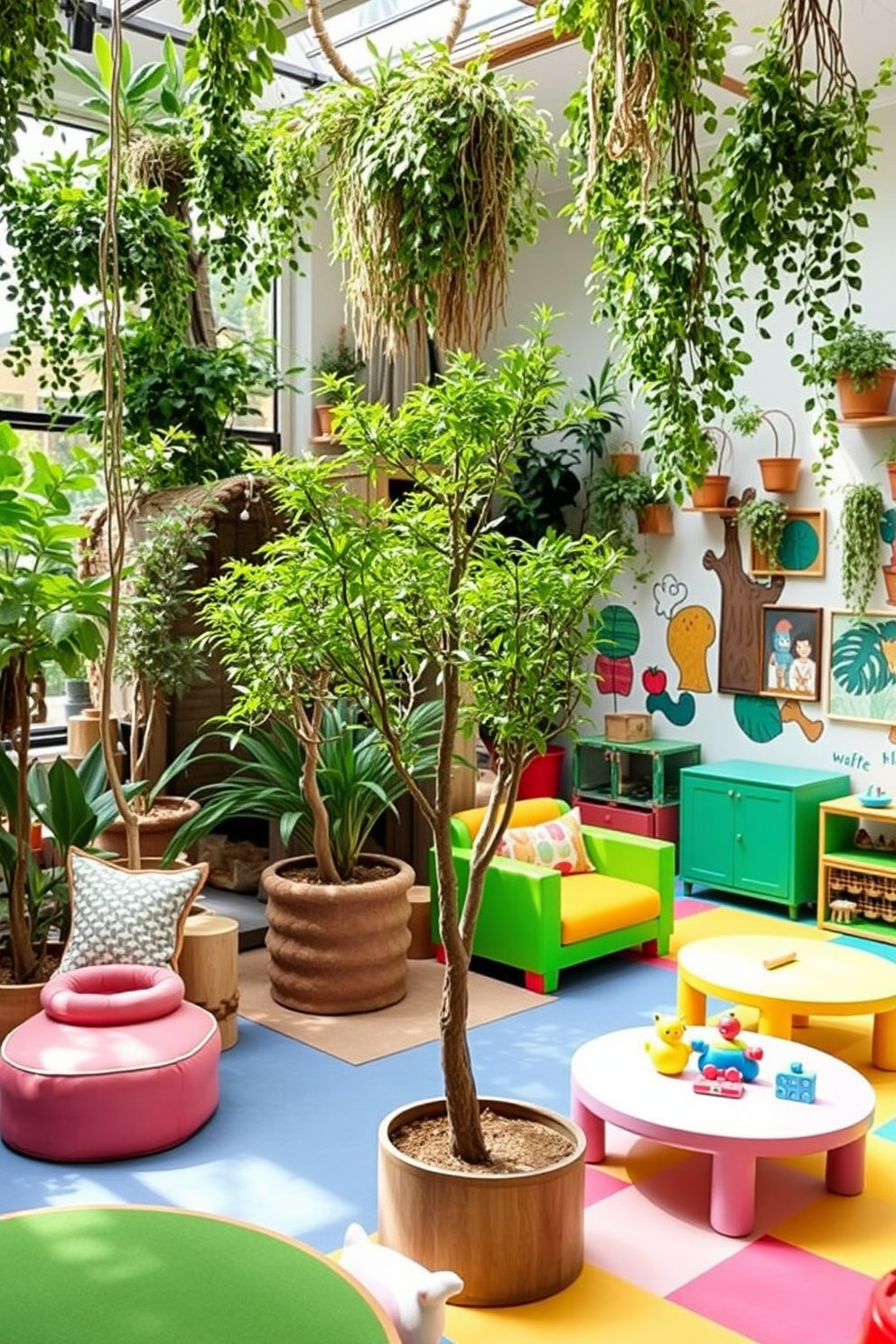 A vibrant playroom filled with colorful decor and playful elements. In one corner, there are hanging swings suspended from the ceiling, inviting children to enjoy active playtime. The walls are painted in bright primary colors, creating an energetic atmosphere. Soft foam mats cover the floor, providing a safe space for kids to play and explore.