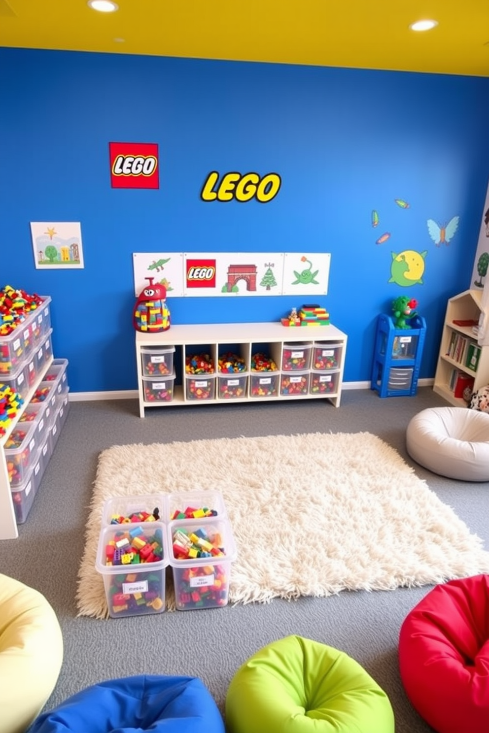 A vibrant LEGO building station is set against a bright blue wall, featuring a large table with a smooth surface for creative construction. Surrounding the table are clear storage bins filled with an array of colorful LEGO bricks, neatly labeled for easy access. The playroom is designed with playful elements, including a soft, plush rug in the center and wall decals of whimsical characters. Cozy seating options, such as bean bags and a small reading nook, invite children to relax and enjoy their imaginative space.