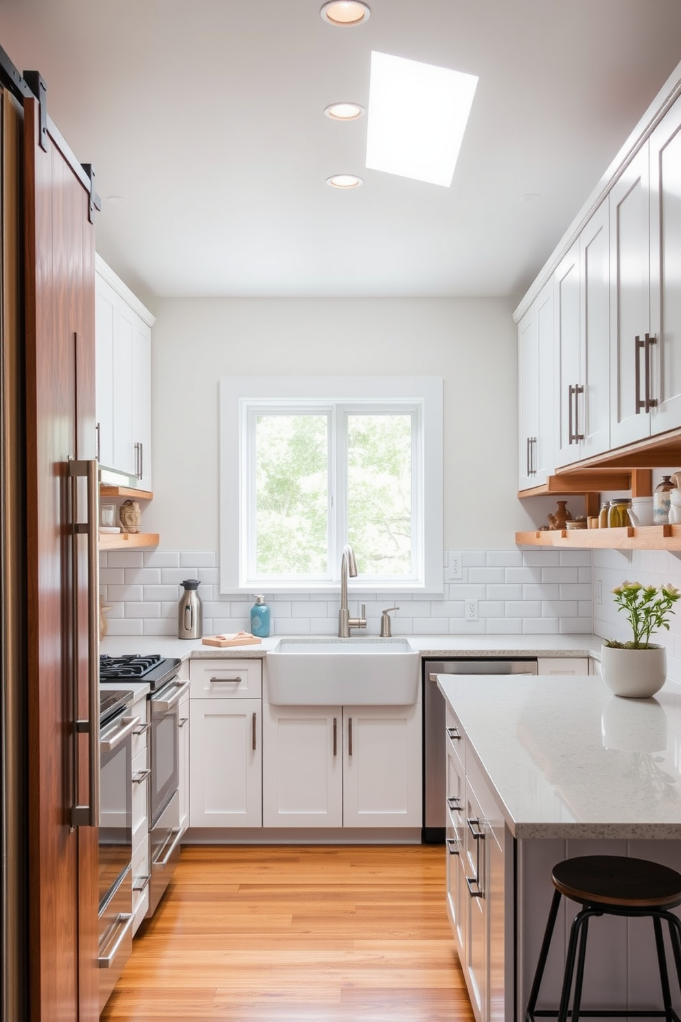 A modern galley kitchen featuring a sliding barn door that adds rustic charm. The kitchen is equipped with sleek stainless steel appliances and white cabinetry, complemented by a subway tile backsplash. Natural light floods the space through a window above the farmhouse sink, enhancing the warm wood accents throughout. A central island provides additional prep space and is adorned with stylish bar stools for casual dining.