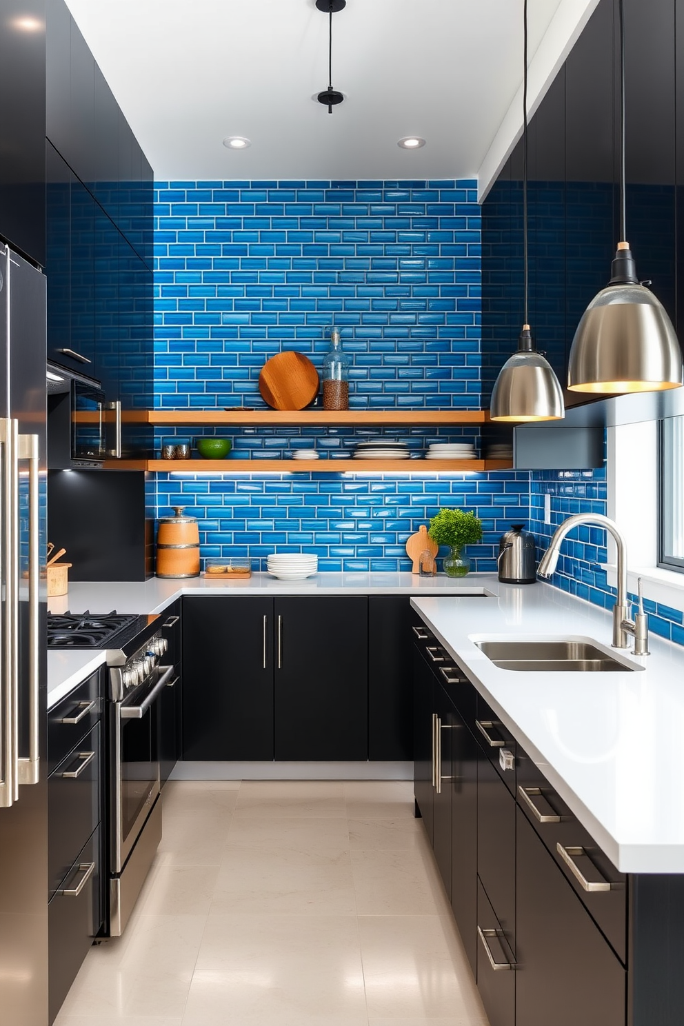 A modern galley kitchen featuring sleek black cabinets paired with bright white countertops. The backsplash showcases vibrant blue tiles, creating a striking contrast against the neutral tones of the cabinetry. Stainless steel appliances add a contemporary touch, while warm wooden accents in the shelving provide a cozy feel. Pendant lights with an industrial design hang above the kitchen island, illuminating the space beautifully.