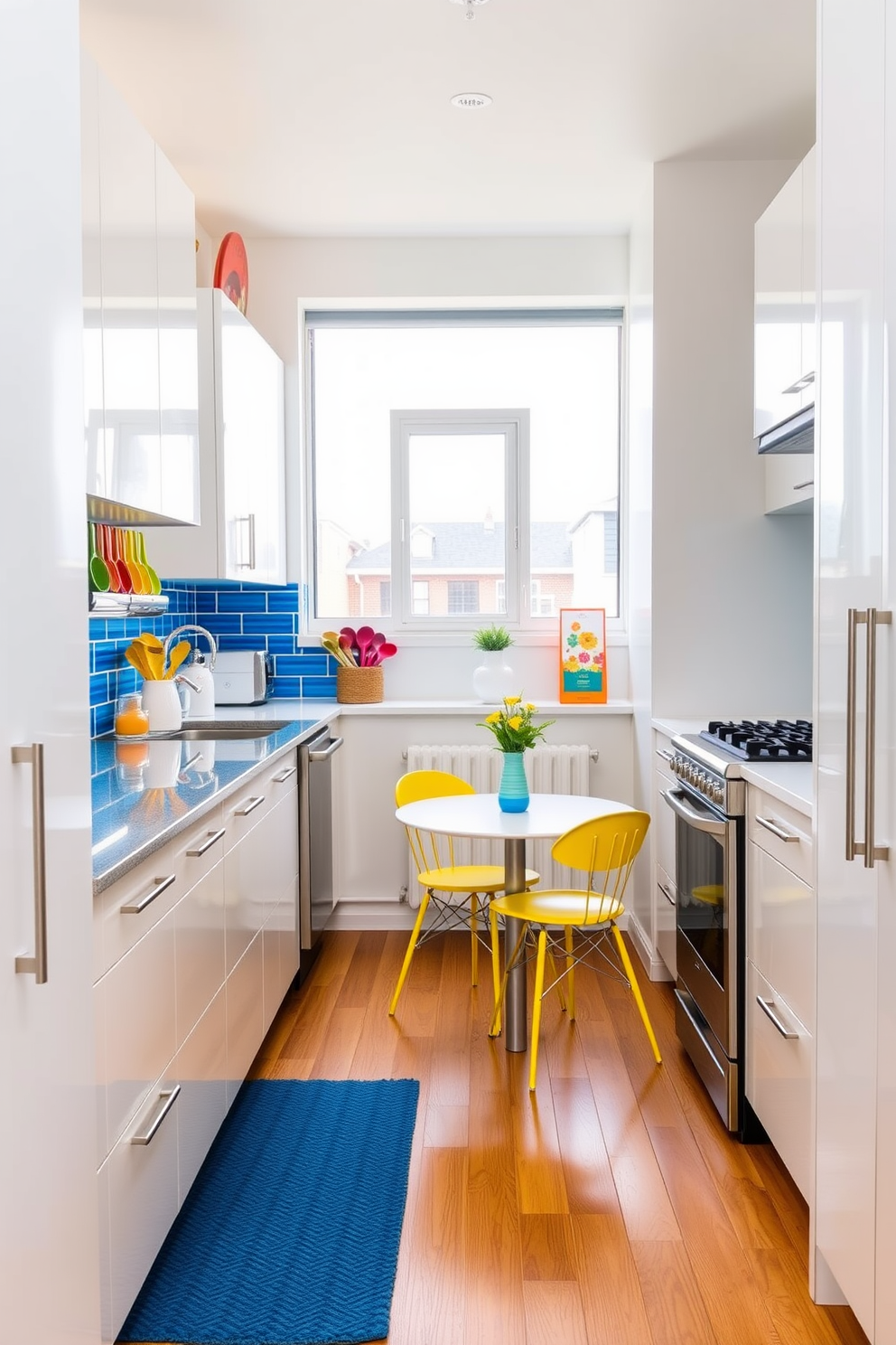 A modern galley kitchen featuring sleek white cabinetry and stainless steel appliances. The backsplash is adorned with vibrant blue tiles that add a pop of color, complemented by colorful kitchen utensils displayed on the countertop. Natural light floods the space through a large window, highlighting the warm wooden flooring. A small dining table with bright yellow chairs is positioned at one end, creating a cheerful and inviting atmosphere.