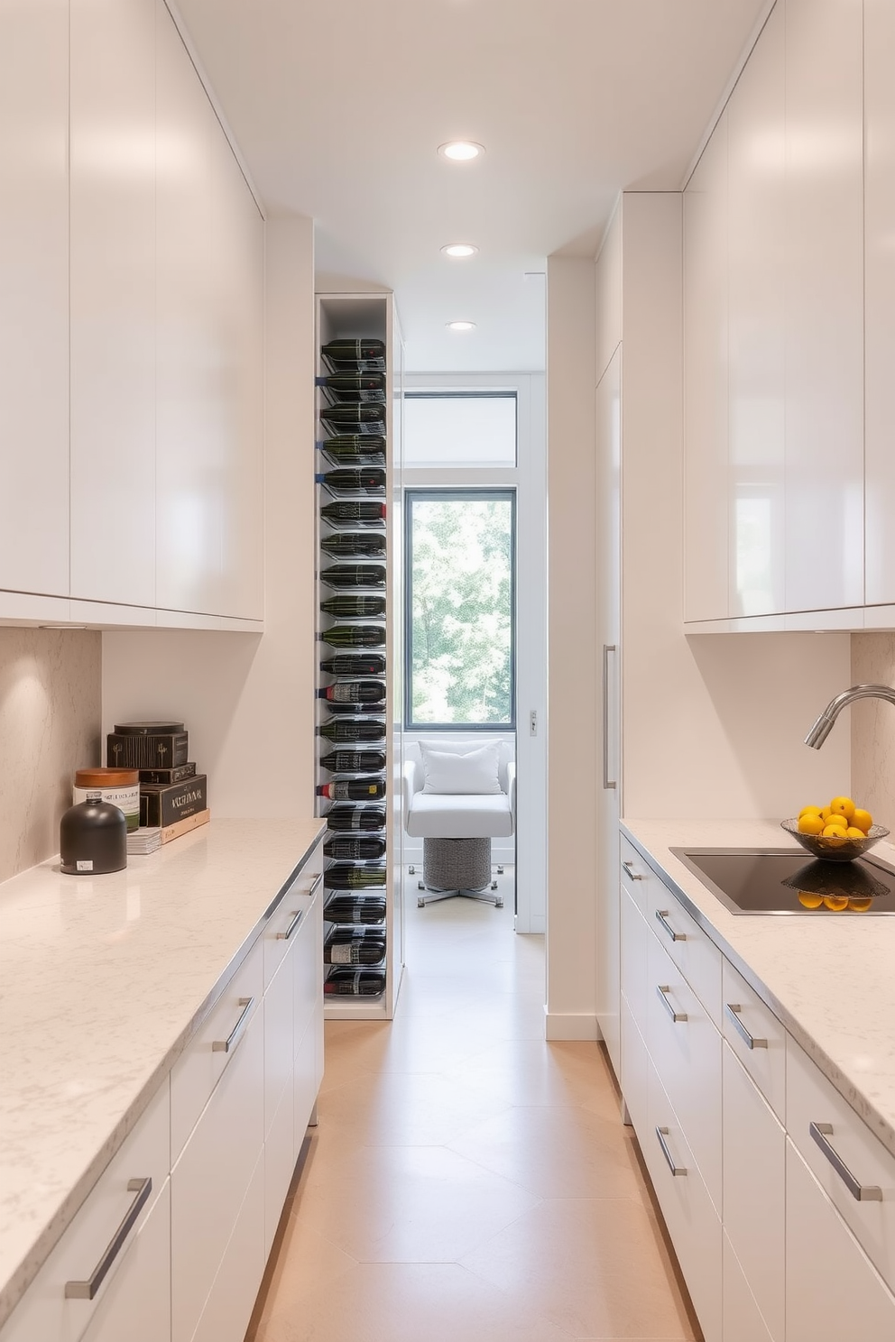 A modern galley kitchen featuring a sleek built-in wine rack seamlessly integrated into the cabinetry. The countertops are a polished quartz with a subtle veining, and the cabinetry is finished in a soft matte white for a clean and airy feel.