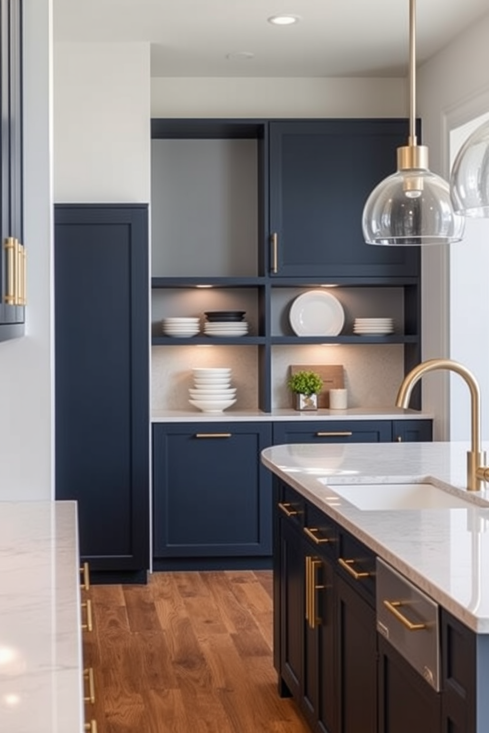 A modern galley kitchen featuring durable quartz countertops that seamlessly integrate with the cabinetry. The space is illuminated by pendant lights above the kitchen island, creating a warm and inviting atmosphere. The cabinetry is a sleek navy blue with brushed gold hardware, providing a striking contrast to the light countertops. Open shelving displays stylish dishware, adding a personal touch to the functional layout.