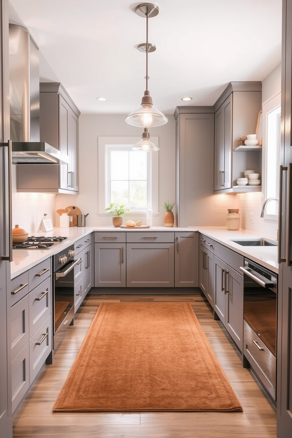 A galley kitchen design featuring sleek cabinetry in a soft white finish and a contrasting dark countertop. The space is enhanced by potted herbs on the windowsill, adding a touch of greenery and freshness to the kitchen atmosphere. The kitchen layout is efficient, with a narrow passage between two parallel counters. Stylish pendant lights hang above the workspace, illuminating the area and creating a warm, inviting ambiance.