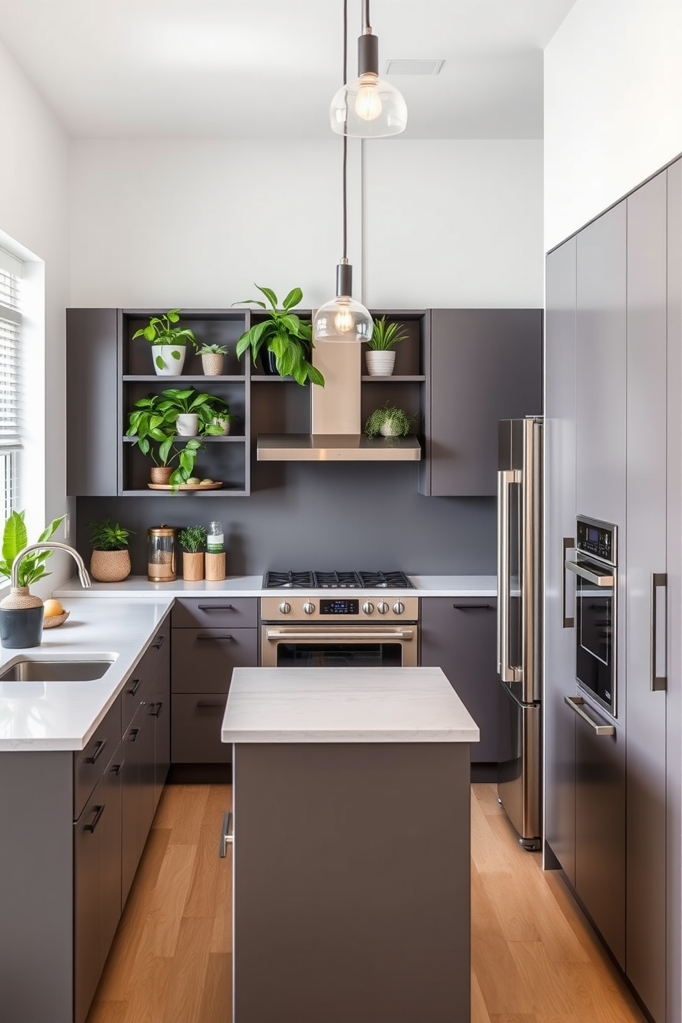 A modern galley kitchen featuring sleek cabinetry in a matte finish with stainless steel appliances. The countertops are a light quartz, and open shelving displays vibrant indoor plants, adding a touch of greenery to the space. The kitchen layout is efficient with a central island that provides additional prep space and seating. Pendant lights hang above the island, illuminating the area and enhancing the overall ambiance.