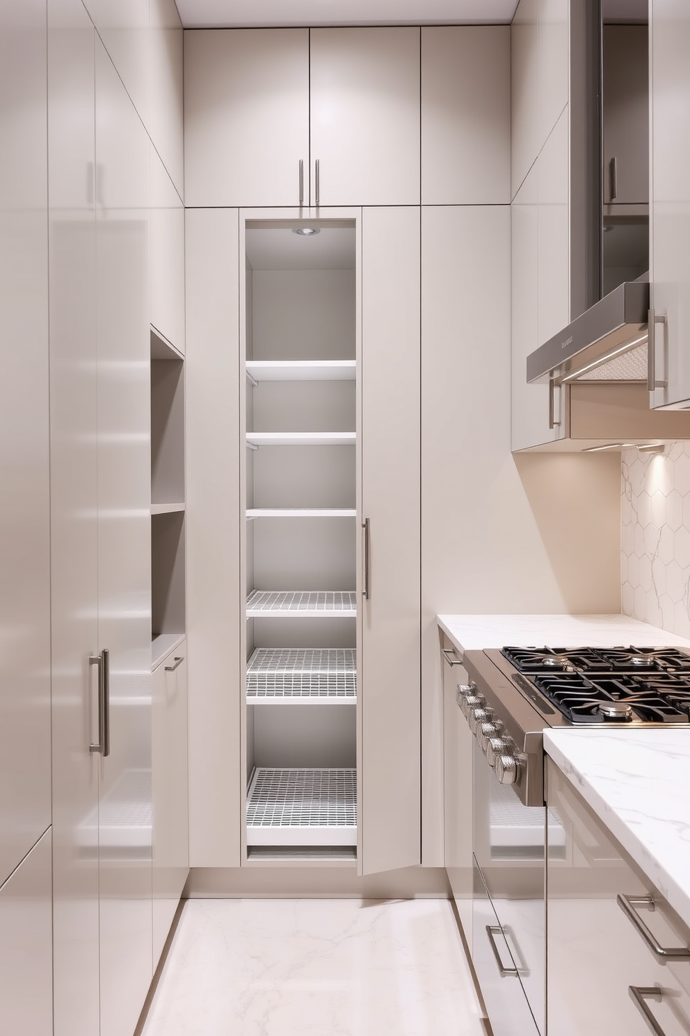 A modern galley kitchen features a sleek design with a pull-out pantry system seamlessly integrated into the cabinetry. The countertops are made of quartz with a subtle veining pattern, and overhead cabinets provide ample storage while maintaining an open feel.