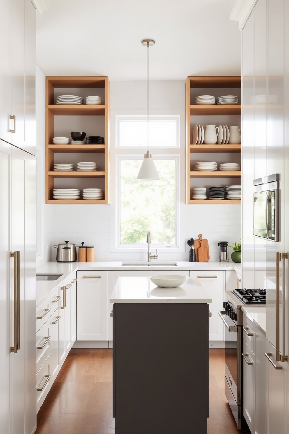 A modern galley kitchen featuring open shelving for easy access to dishes and cookware. The cabinetry is a sleek white with stainless steel appliances and a central island for additional prep space.