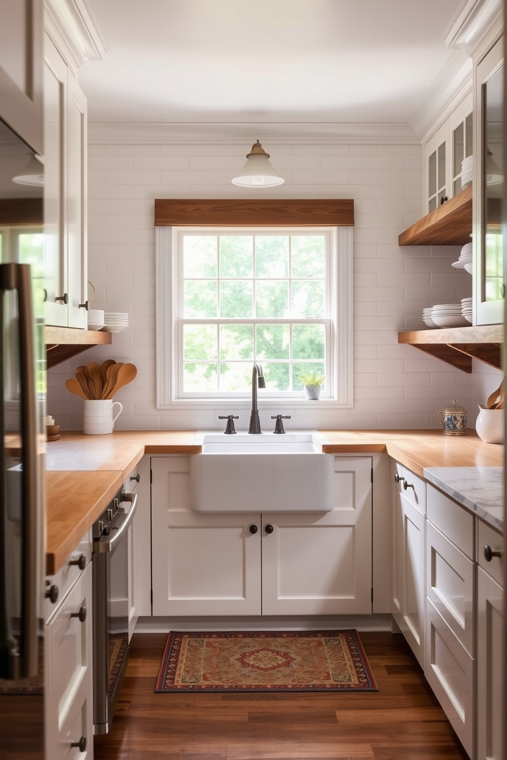 A modern galley kitchen featuring a combination of open and closed storage solutions. The cabinetry is sleek with a mix of white and navy blue finishes, while open shelves display stylish dishware and cookbooks. The countertops are a polished quartz with a subtle veining pattern, complemented by a stainless steel backsplash that reflects light beautifully. A central island provides additional workspace and includes bar stools for casual dining, enhancing the kitchen's functionality and aesthetic appeal.