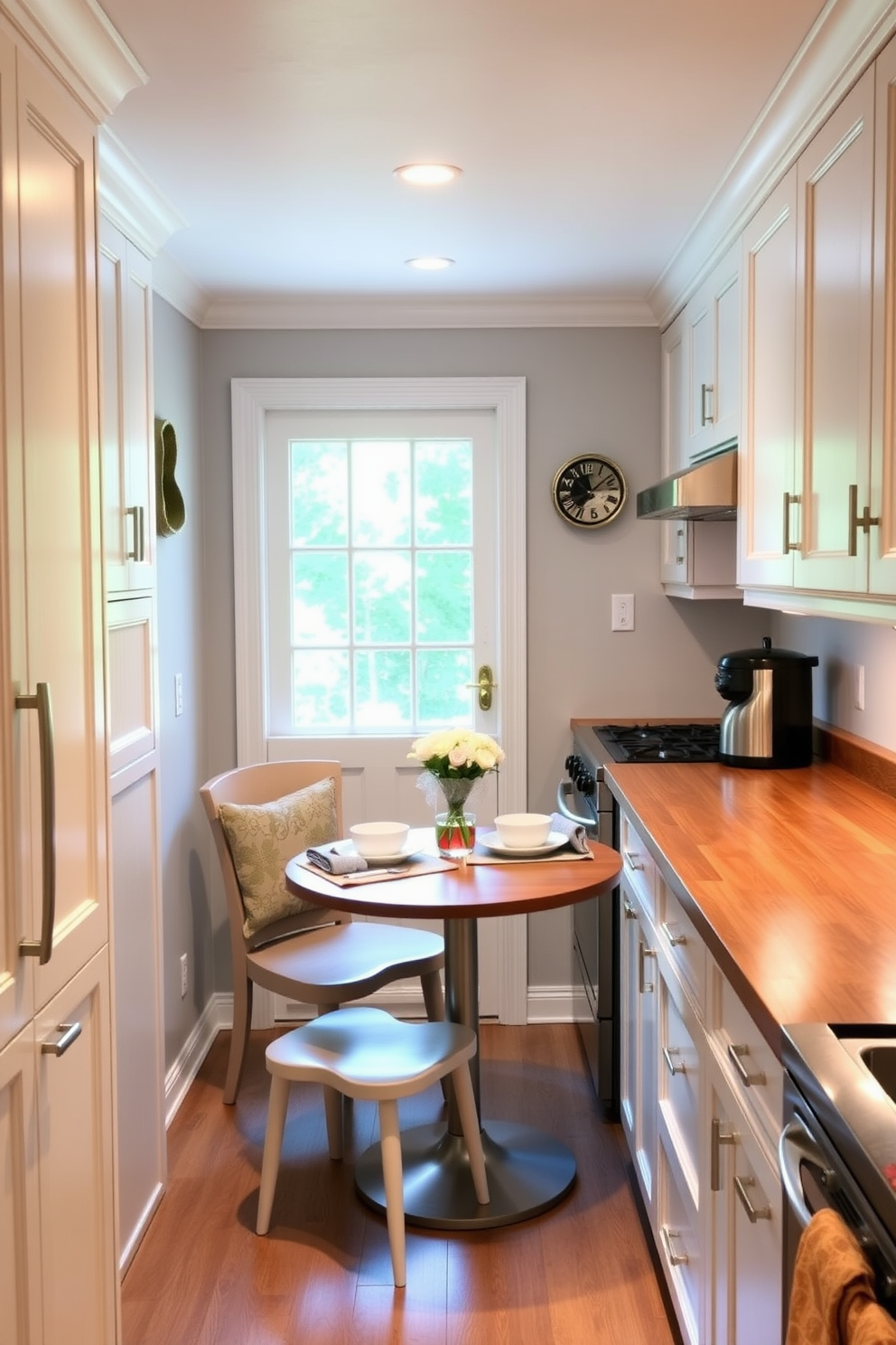 A cozy galley kitchen featuring a small round dining table set for two. The kitchen cabinets are a soft white with brushed nickel hardware, and the countertops are a warm wood finish that complements the space.