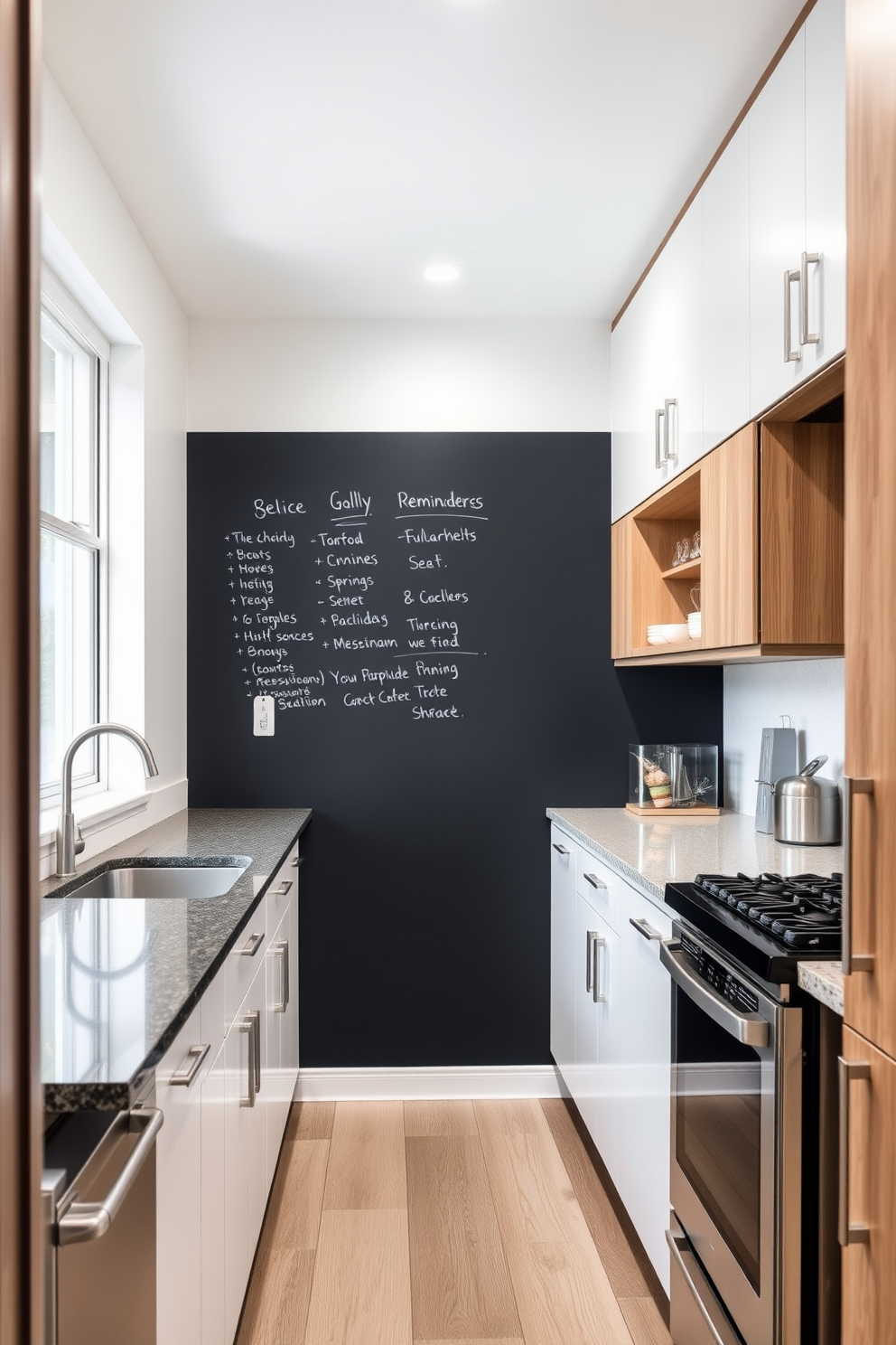 A modern galley kitchen featuring a chalkboard wall for notes and reminders. The cabinetry is sleek and minimalist with a combination of white and natural wood finishes, complemented by stainless steel appliances.