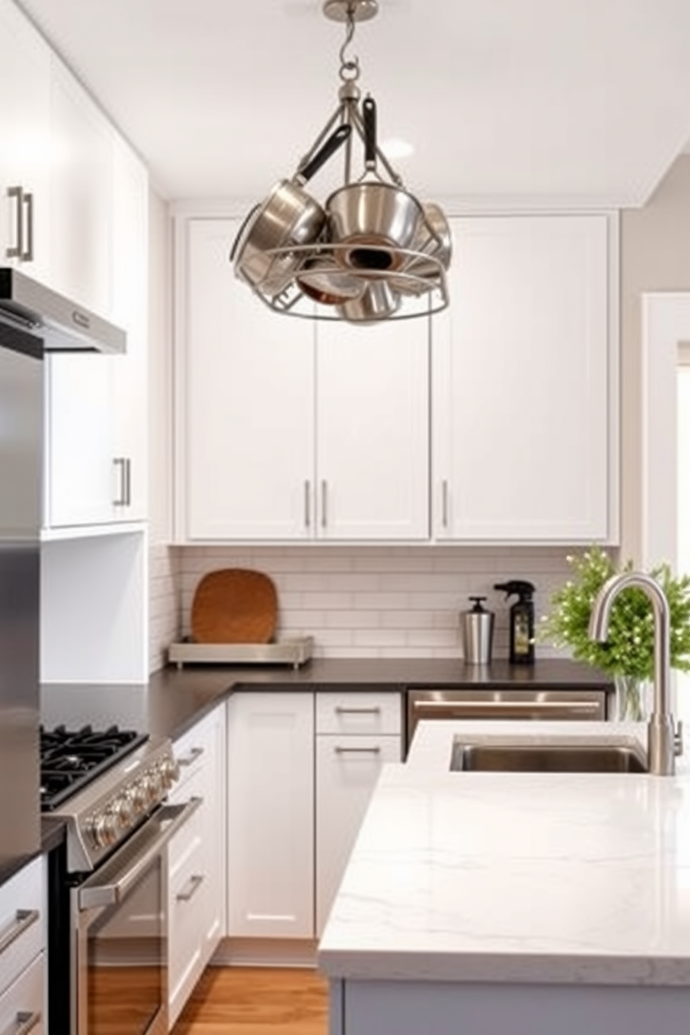 A modern galley kitchen with a sleek design features a pot rack installed above the central countertop for easy access to cookware. The cabinetry is a crisp white, complemented by stainless steel appliances and a subway tile backsplash that adds a touch of elegance.