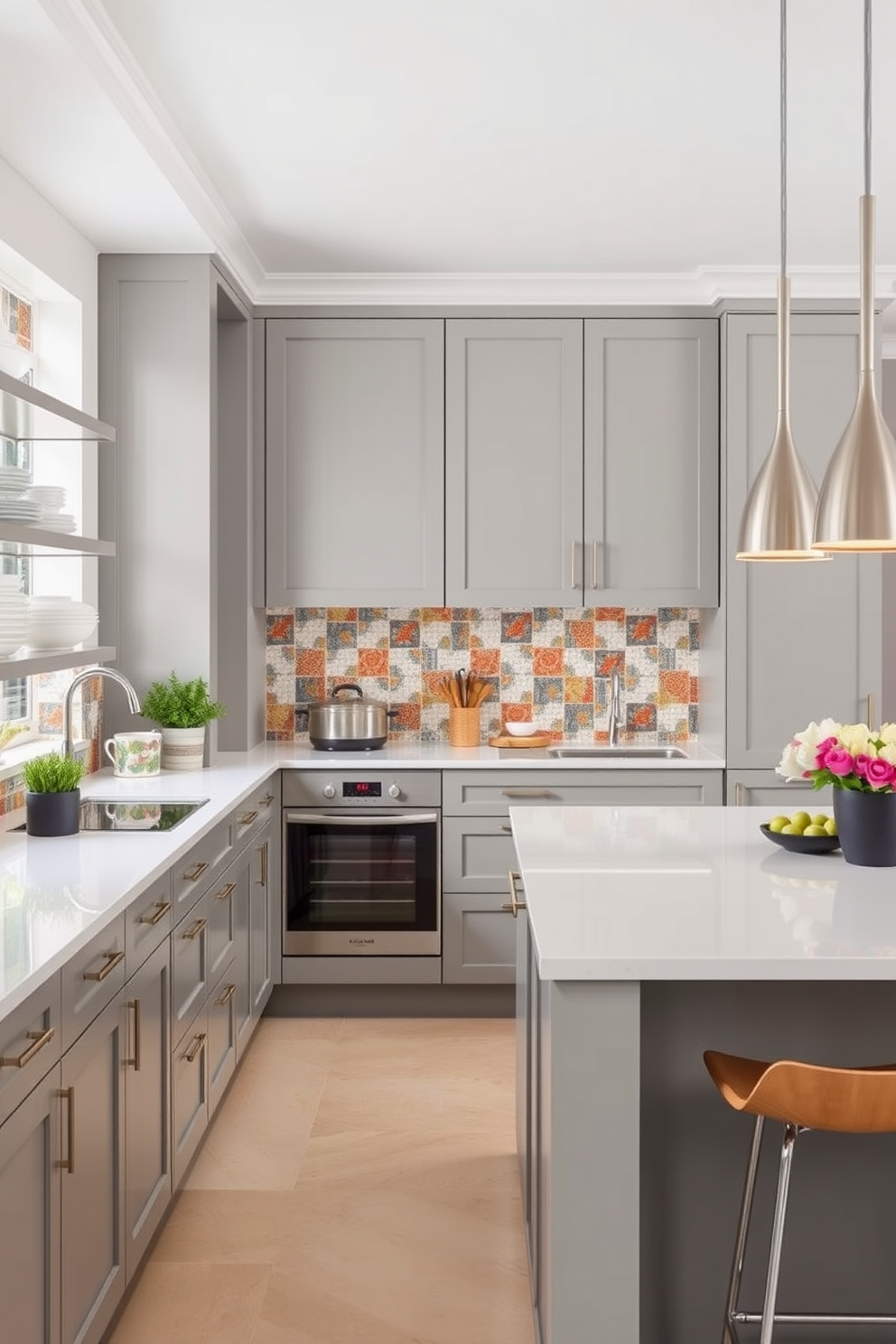 A modern galley kitchen features sleek cabinetry with a built-in spice rack seamlessly integrated into one wall. The countertops are made of quartz, providing a clean and functional workspace, while stainless steel appliances enhance the contemporary feel.