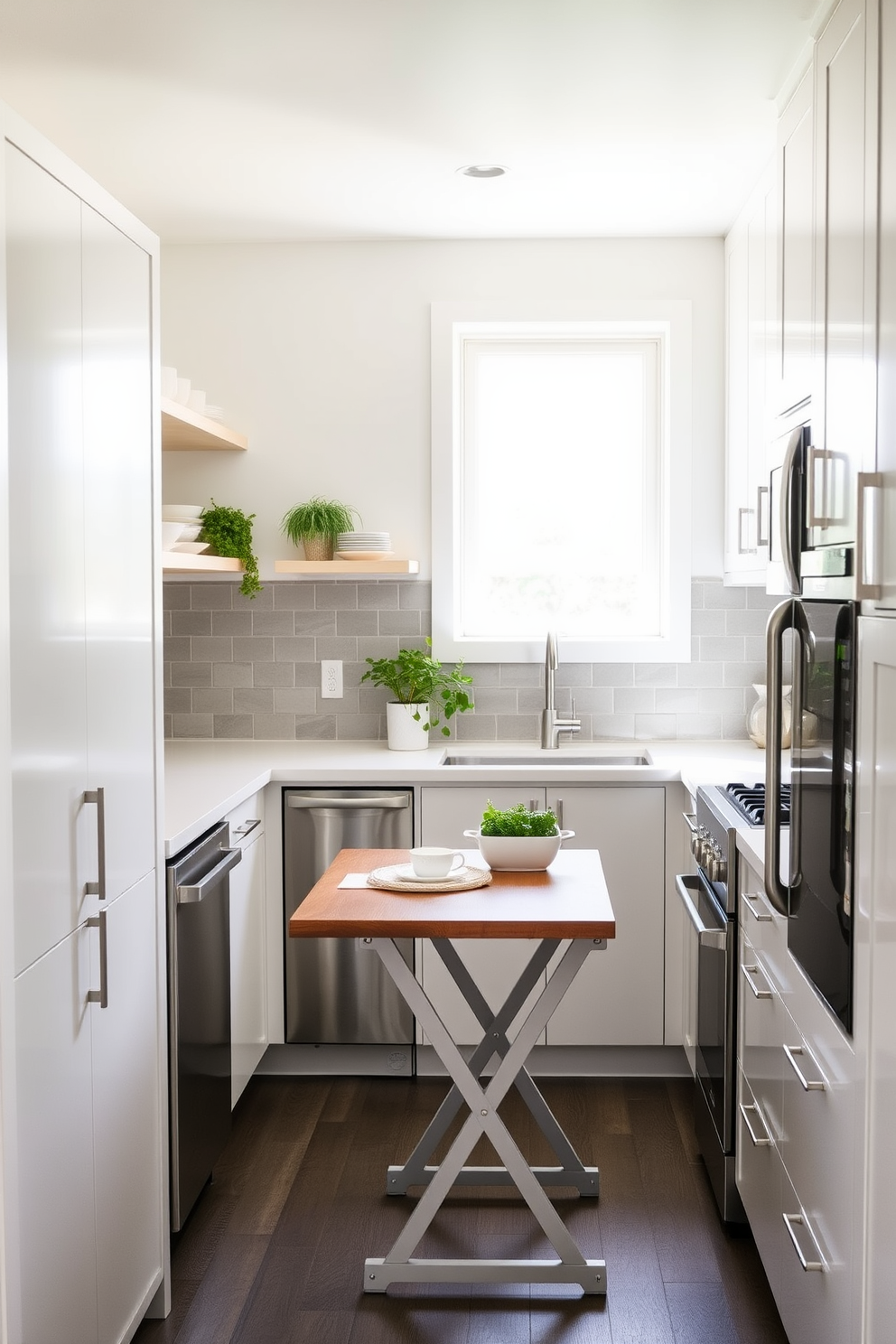 A modern galley kitchen featuring a foldable table that can be tucked away when not in use. The cabinetry is sleek and white, complemented by stainless steel appliances and a subtle backsplash of gray tiles. Natural light floods in through a window above the sink, illuminating the space. Open shelving displays stylish dishware and potted herbs, adding a touch of greenery to the design.