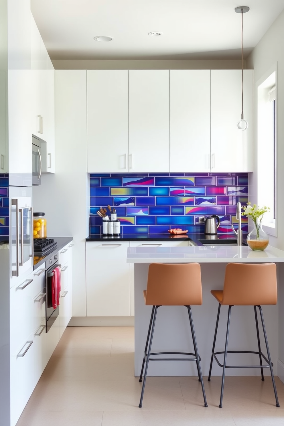 A modern galley kitchen featuring a sleek breakfast bar with stylish stools. The cabinetry is a crisp white, complemented by a vibrant backsplash that adds a pop of color.