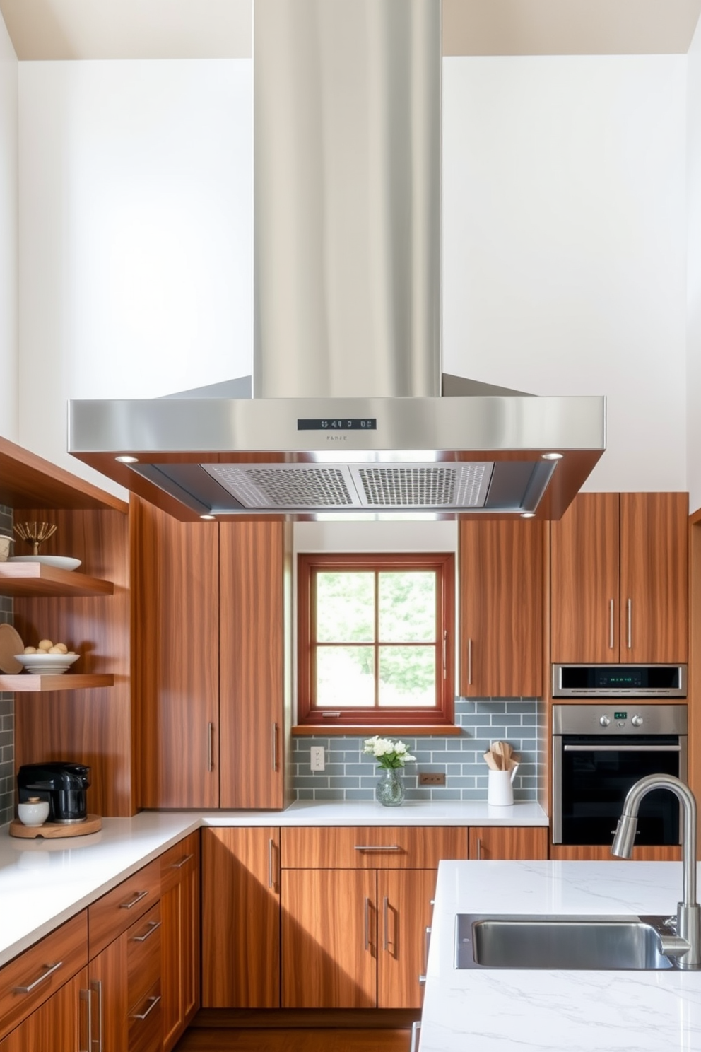 A stylish range hood design features a sleek stainless steel finish with clean lines that complement the cabinetry. It is suspended above a spacious kitchen island, enhancing the modern aesthetic of the galley kitchen layout. The kitchen showcases a harmonious blend of open shelving and closed cabinets, creating both functionality and visual appeal. Warm wood tones contrast with the cool metal of the range hood, adding depth to the overall design.