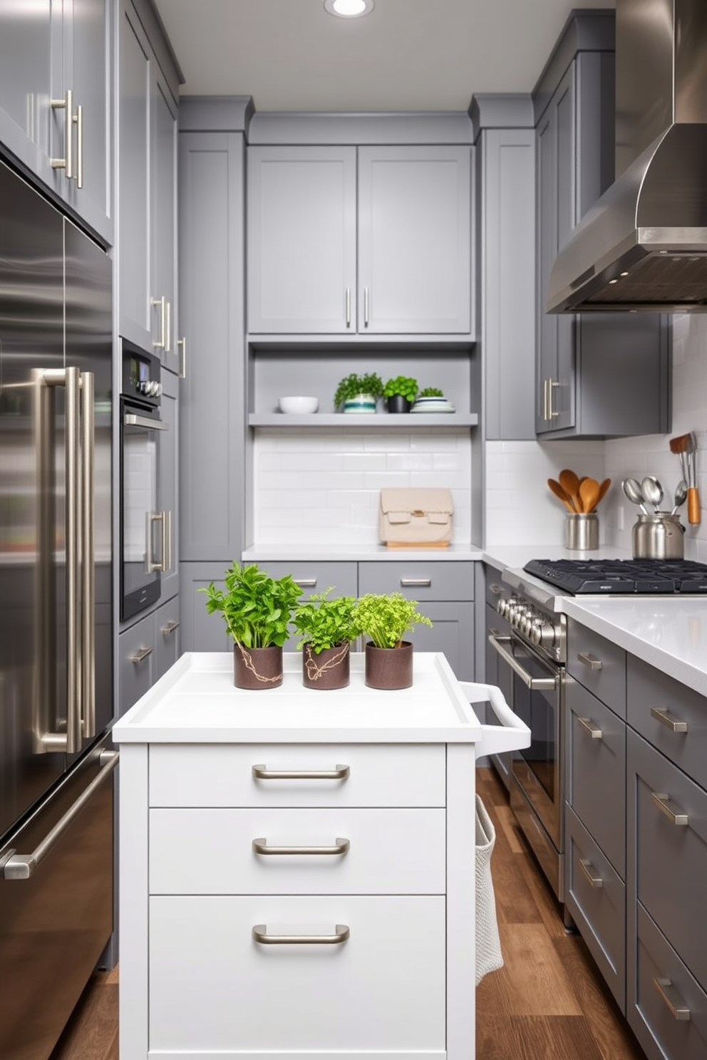 Create a stylish galley kitchen featuring a multifunctional table that serves as both a dining area and a workspace. The kitchen should have sleek cabinetry in a light wood finish, with stainless steel appliances and a subway tile backsplash in a soft white hue.