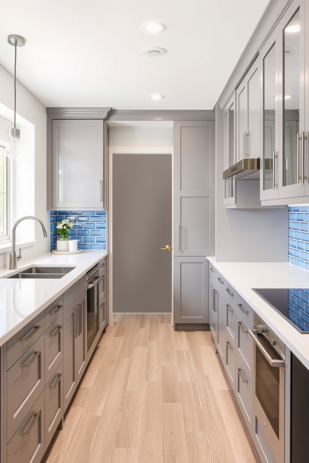 A sleek galley kitchen design featuring clean lines and a minimalist aesthetic. The cabinets are finished in a high-gloss white, complemented by a geometric patterned backsplash in shades of gray and black. The kitchen island is streamlined with a quartz countertop and includes bar seating with modern stools. Large windows allow natural light to flood the space, highlighting the stainless steel appliances and open shelving displaying stylish dishware.