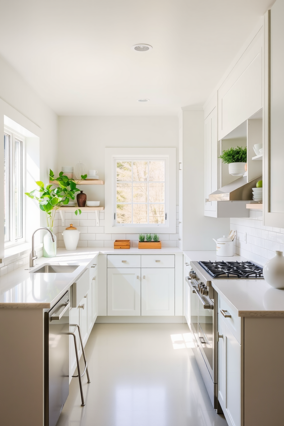 A bright and airy galley kitchen featuring light-colored cabinets and countertops. The walls are painted in a soft white hue, enhancing the spacious atmosphere and reflecting natural light. Stylish open shelving displays neatly arranged dishware and decorative items, adding personality to the space. A central island with bar stools creates a cozy dining area, perfect for casual meals and gatherings.