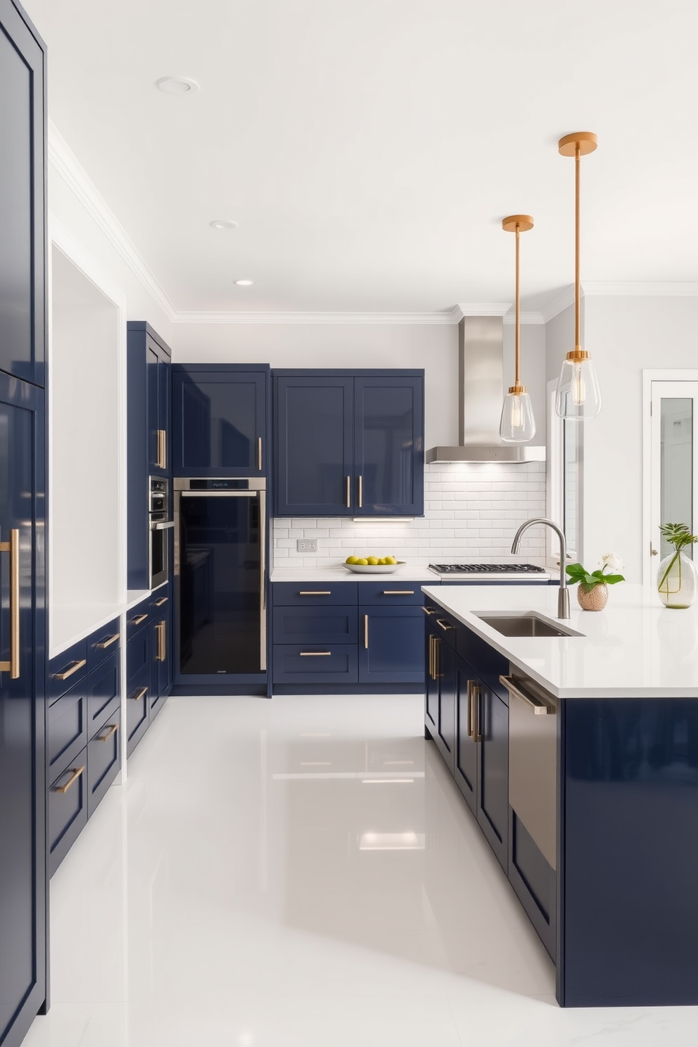 A modern galley kitchen featuring sleek cabinetry in a deep navy blue. The countertops are crafted from white quartz, providing a clean and bright workspace. Stylish pendant lights hang above the kitchen island, casting a warm glow over the area. The backsplash is adorned with glossy subway tiles, adding a touch of elegance to the overall design.