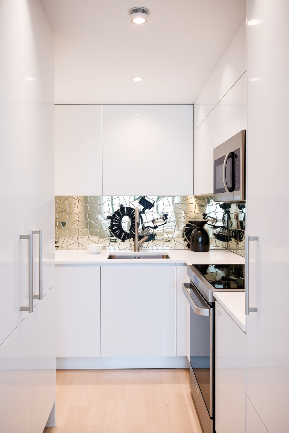 A modern galley kitchen featuring a mirrored backsplash that adds depth and reflects light throughout the space. The cabinetry is sleek and minimalist in a matte white finish, with stainless steel appliances seamlessly integrated into the design.