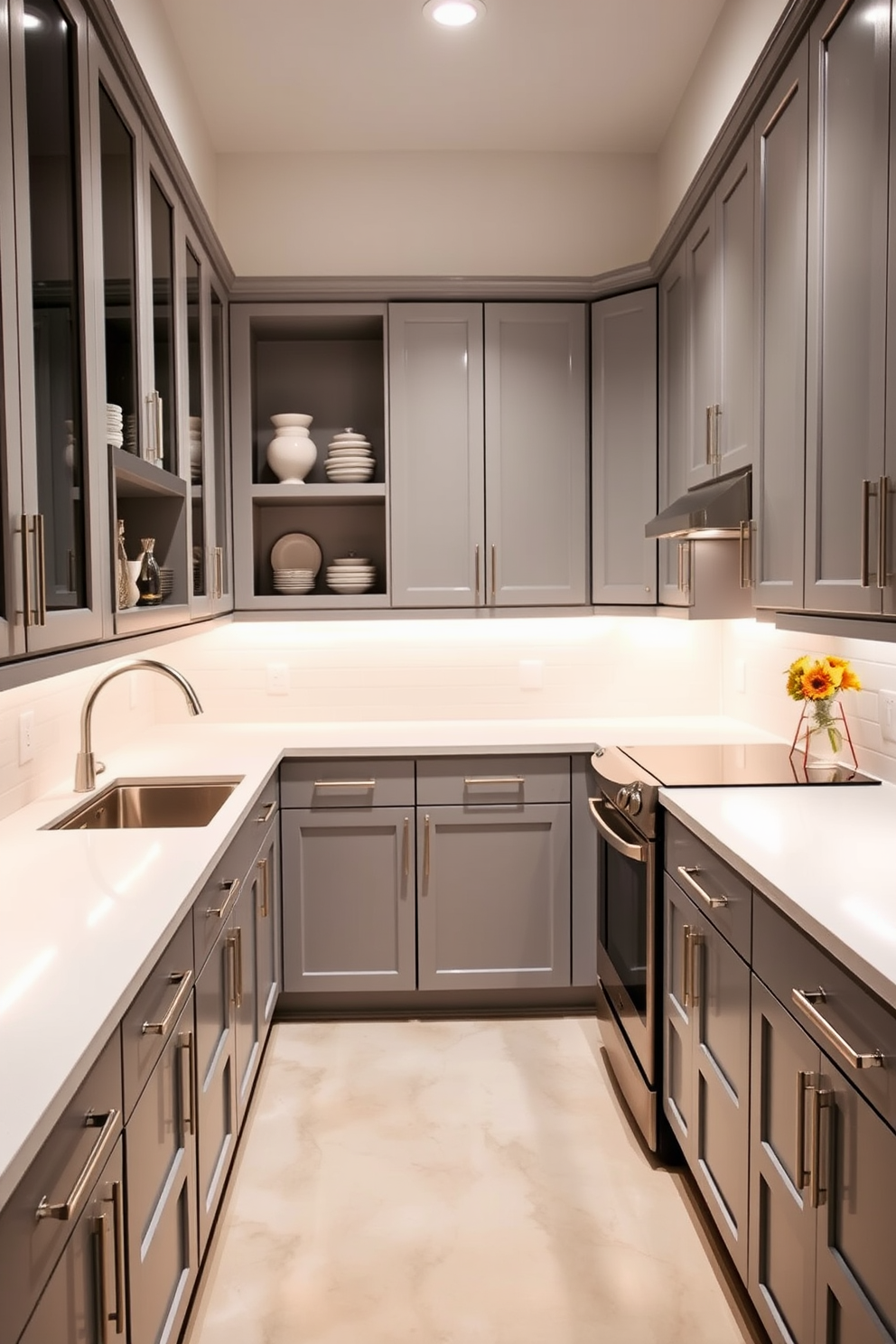 A stylish galley kitchen featuring pull-out cabinets for maximum efficiency. The cabinetry is finished in a sleek white with brushed nickel handles, and the countertops are a beautiful gray quartz.