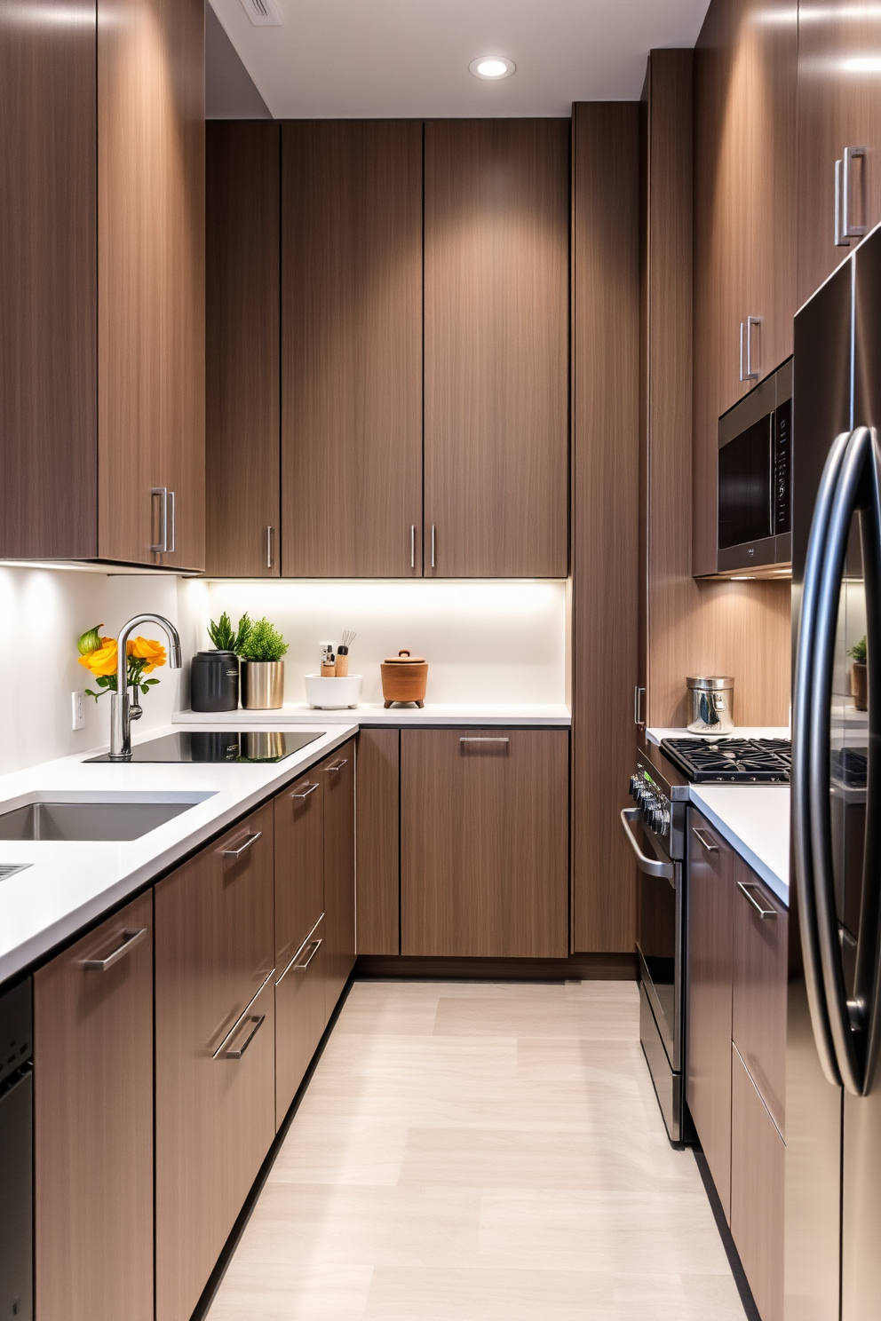 A modern galley kitchen featuring multi-functional appliances for efficiency. The layout includes a sleek island with an integrated cooktop and storage, complemented by stainless steel appliances that maximize space.